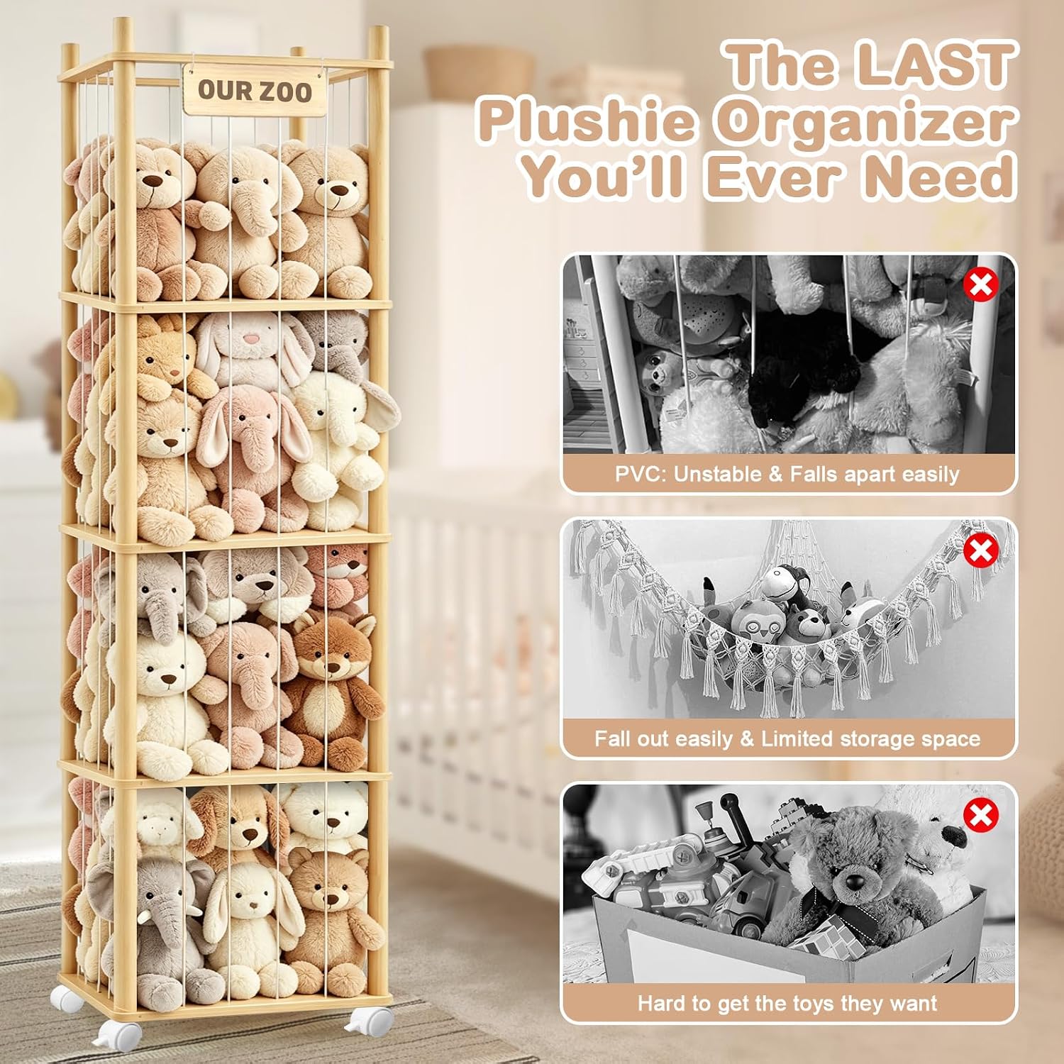 DIY Stuffed Animal Storage, Wood Adjustable 1–4 Tier Stuffed Animal Zoo Storage with Brake Wheels, Large Capacity Stuffed Animal Holder, Perfect for Nursery Playroom Kidroom Bedroom image 4