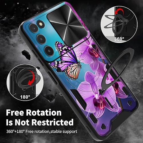 Vista 360 de Funda para Samsung Galaxy A13 5G con cubierta deslizante para lente de cámara y anillo giratorio de 360 grados, soporte híbrido de doble capa Flores