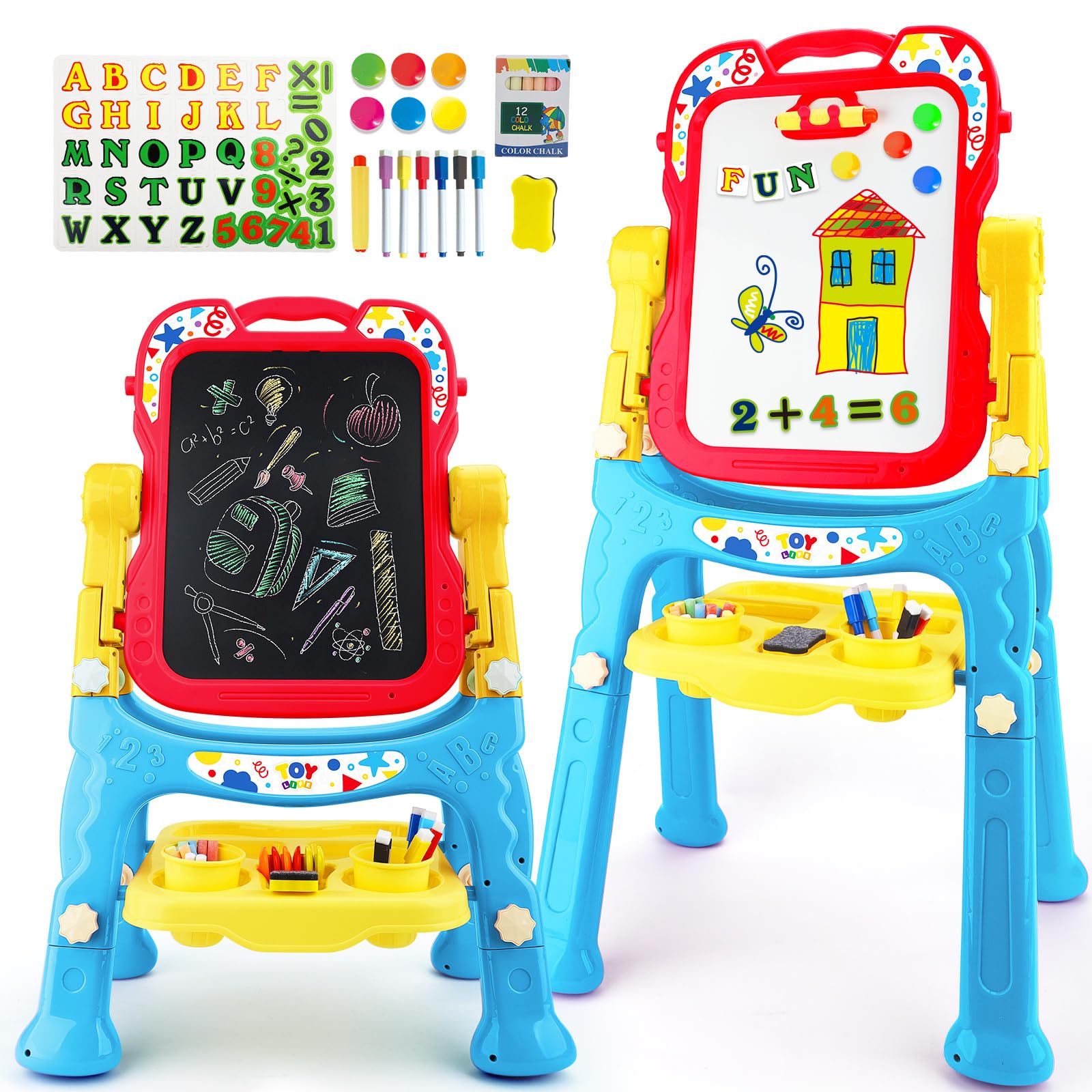 STEAM Life Large Art Easel for Kids, Double-Sided 4In1 Toddler Easel with Rotable Magnetic Chalkboard & White Drawing Board, Height Adjustable with Magnetic Letters & Numbers Gifts for Boys and Girls