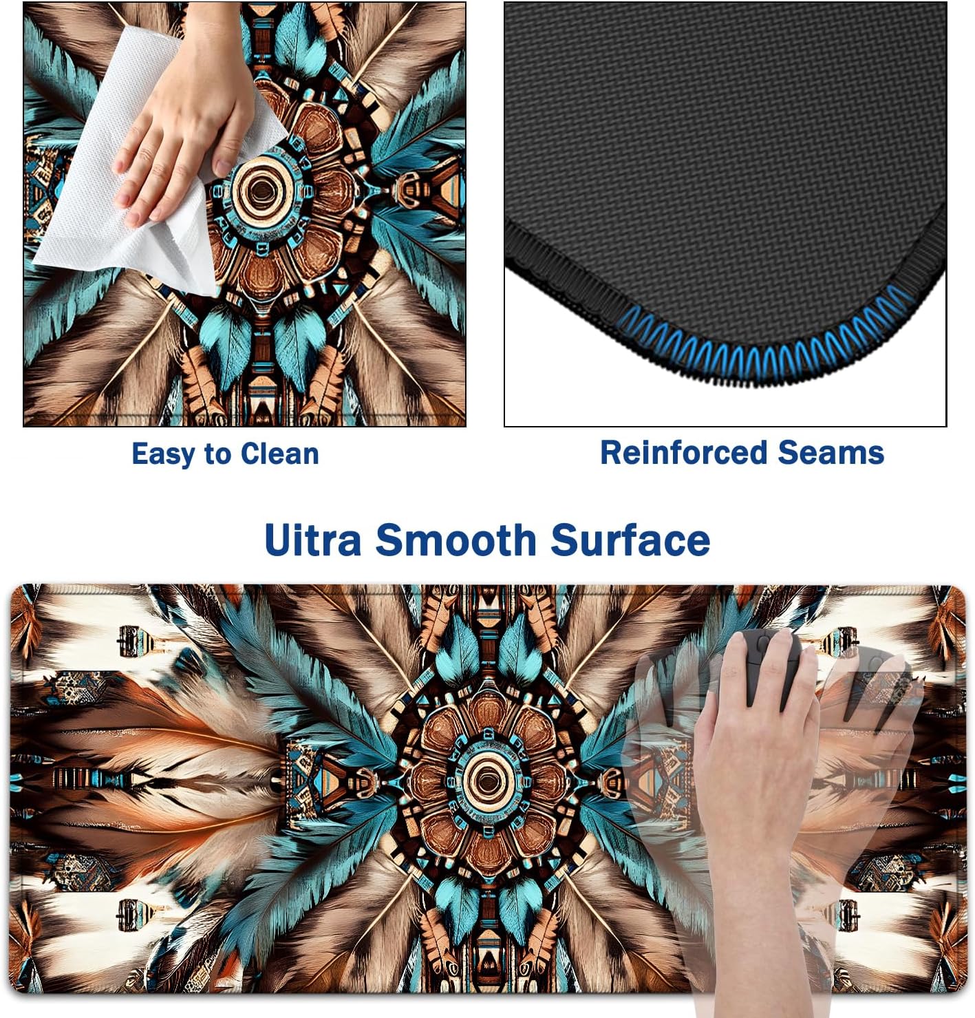 Large Mouse Pad + Keyboard Wrist Rest Set, Extended Gaming Mousepad (31.5X11.8 inch) with Non-Slip Rubber, Ergonomics Memory Foam Mouse Wrist Rest Support, Aztec Inspired Feathers Art XXL Desk Pad