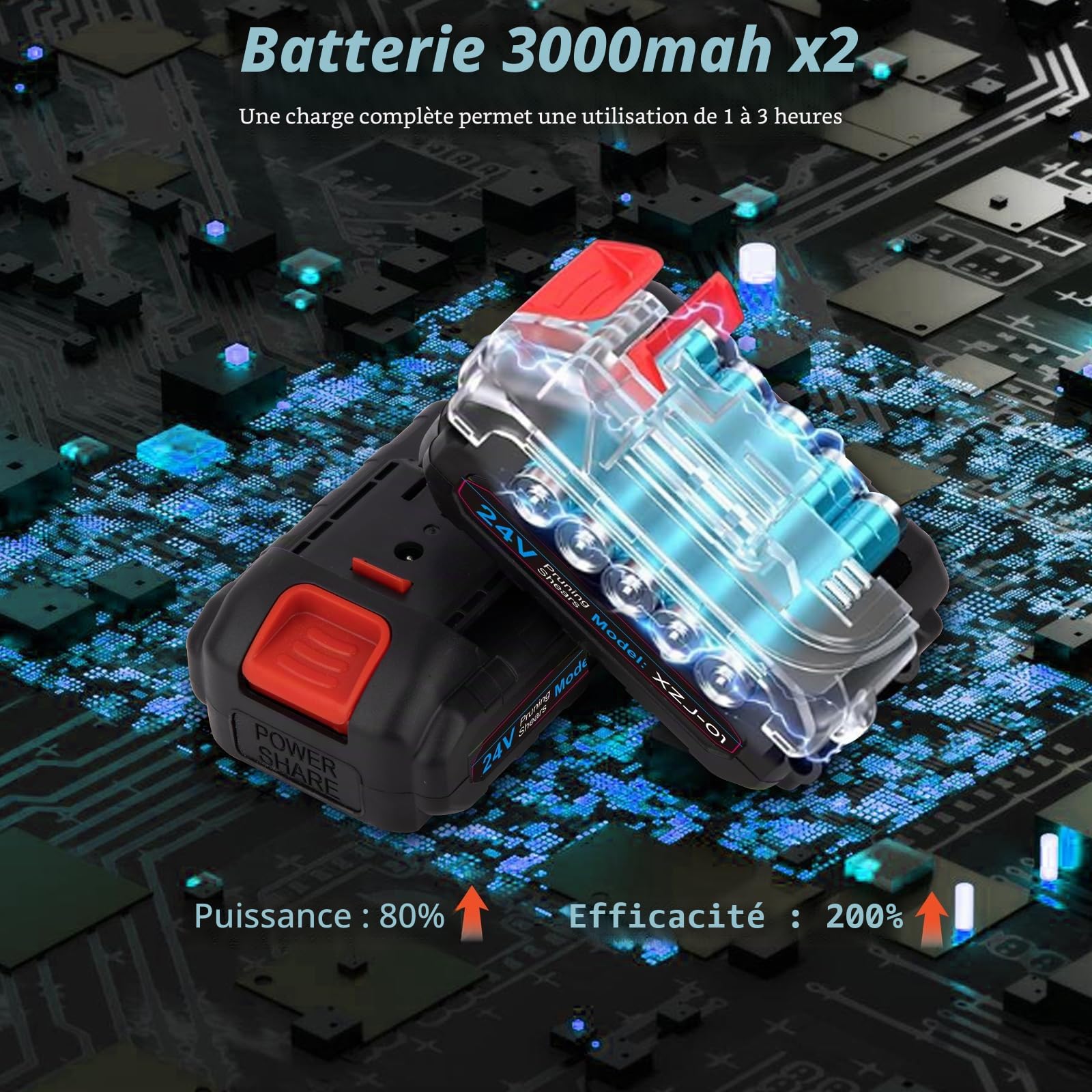 Sécateur électrique sans fil Nexalite 40 mm, 2x3000 mAh, lame SK5, sécurité | Coupe 40 mm; 2 batteries 3000 mAh; lame SK5 antirouille; double verrouillage; 1 kg, une main; verger/vigne/haies