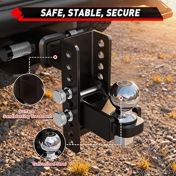TYT Adjustable Trailer Hitch for 2 Receiver, 6 Drop/Rise, 2 Tow Ball, 7,500 lbs GTW / 750 lbs TW, Includes Two Pins and One Anti-Theft Pin Lock