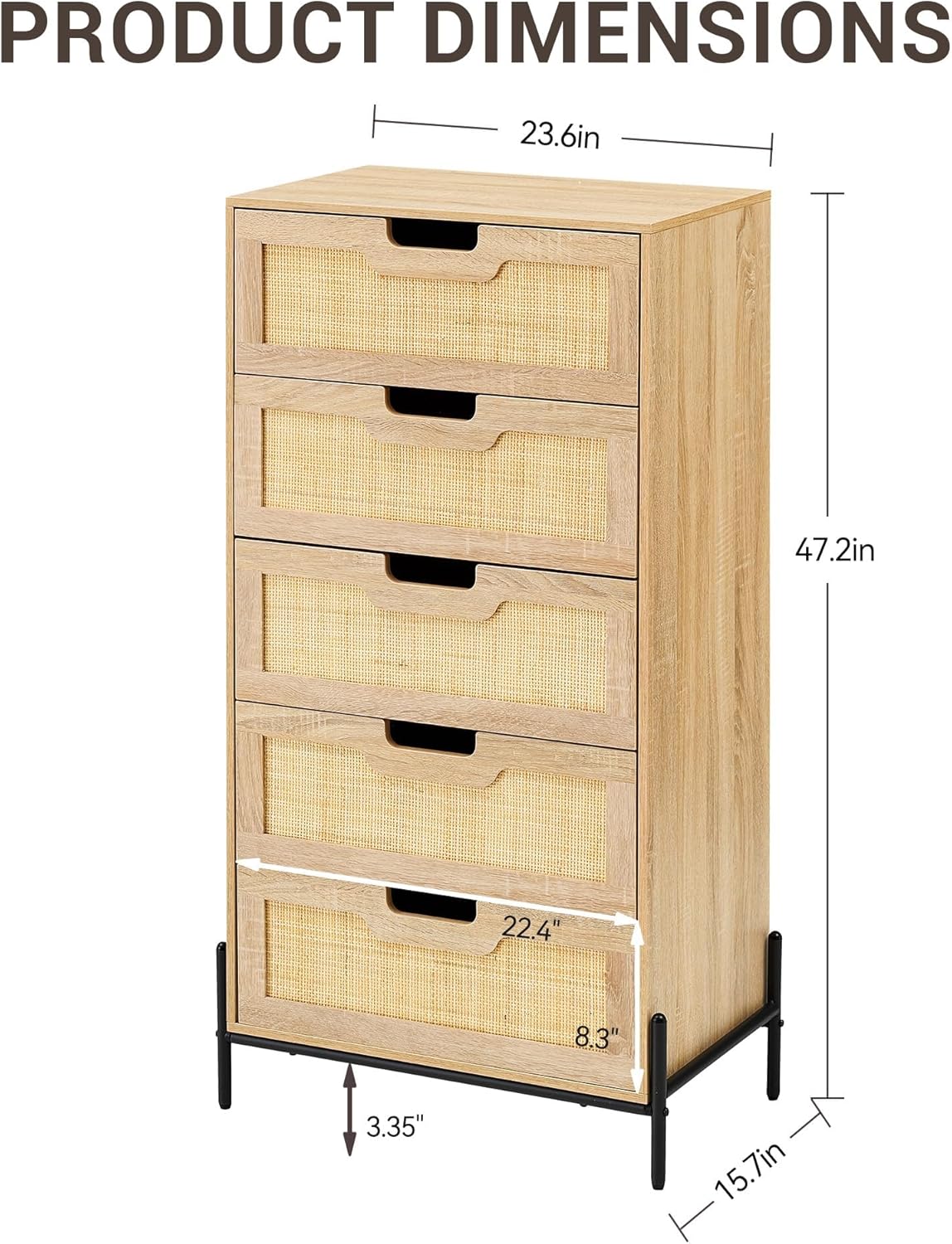 IDEALHOUSE Natural Rattan 5-Drawer Tall Dresser,Wooden Chest with Deep Drawers & Sturdy Legs,Versatile Cabinet for Bedroom, Living Room,Entryway, Nursery,Oak