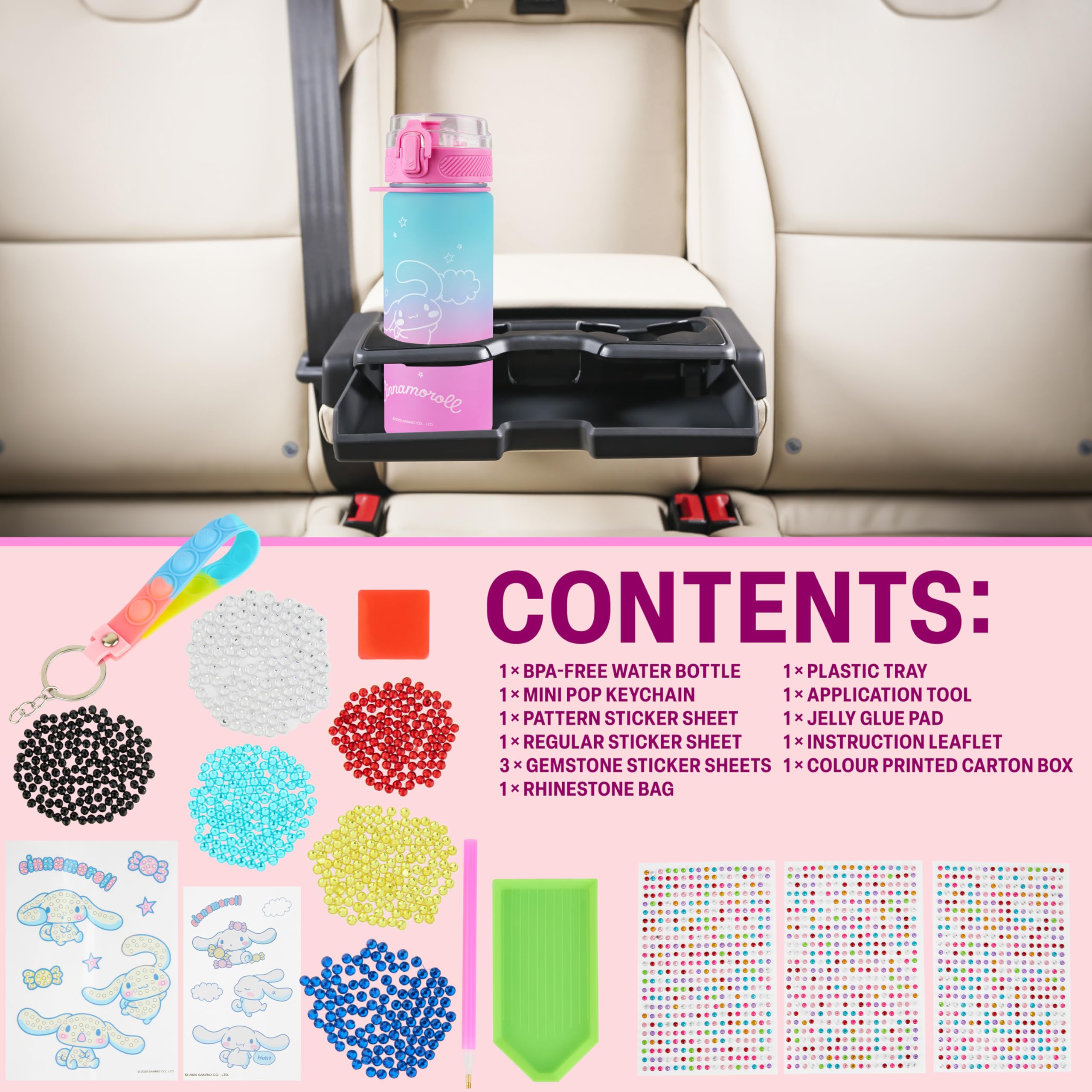 Get Trend Hello Kitty Sanrio Cinnamoroll Kit Creativo Bambina DIY Borraccia da Decorare Bambina, 550ml Senza BPA Tappo Ribaltabile a Prova di Perdite, Gemme Artigianali (Multi Cinamonroll)