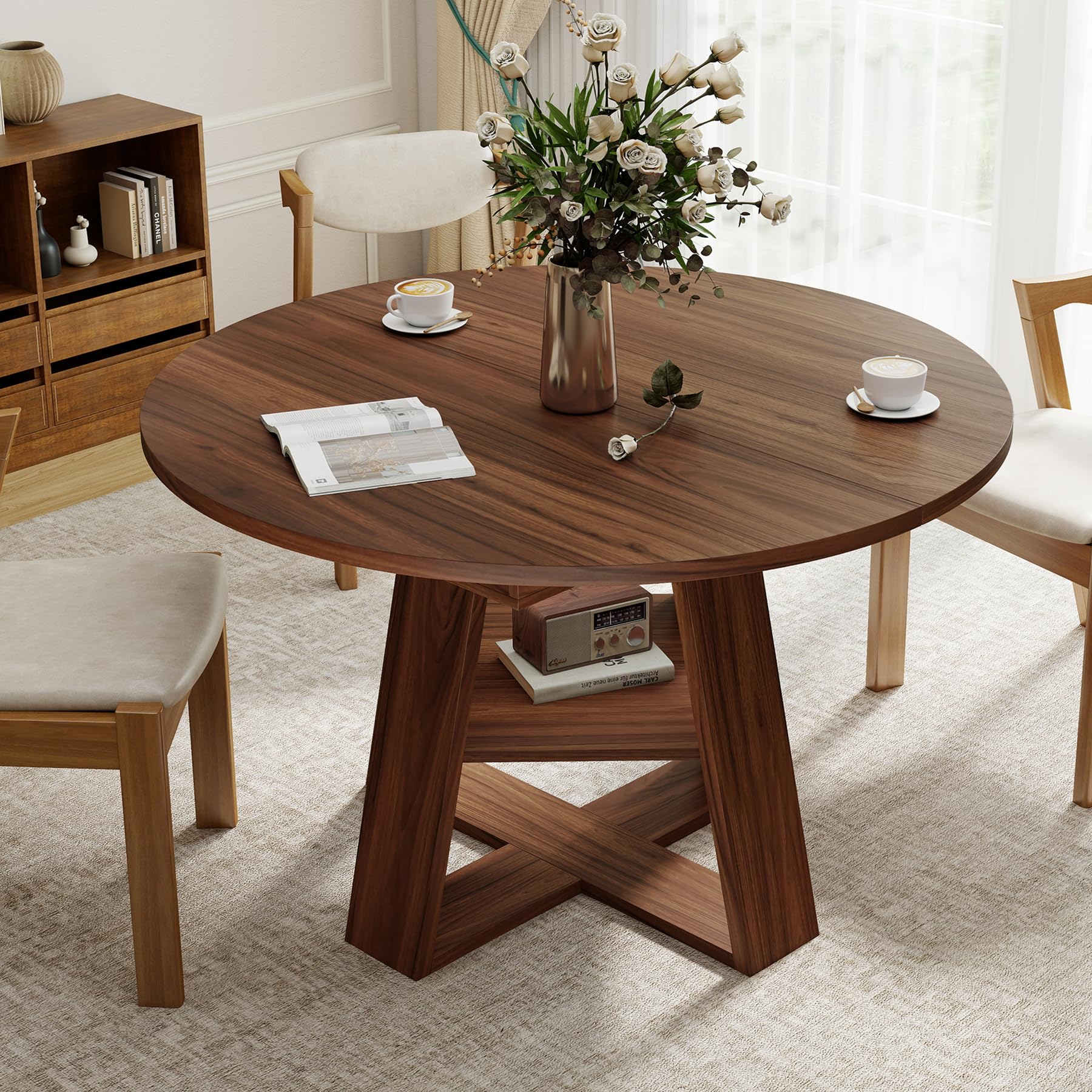Hawthyhome rund Esstisch Ausziehbar für 4-8 Personen, 110-150cm Wohnzimmertisch Erweiterbar mit Teleskopfunktion, Platzsparender küchentisch Esszimmer Wohnzimmer, Modernes Industrie, Walnuss-Optik