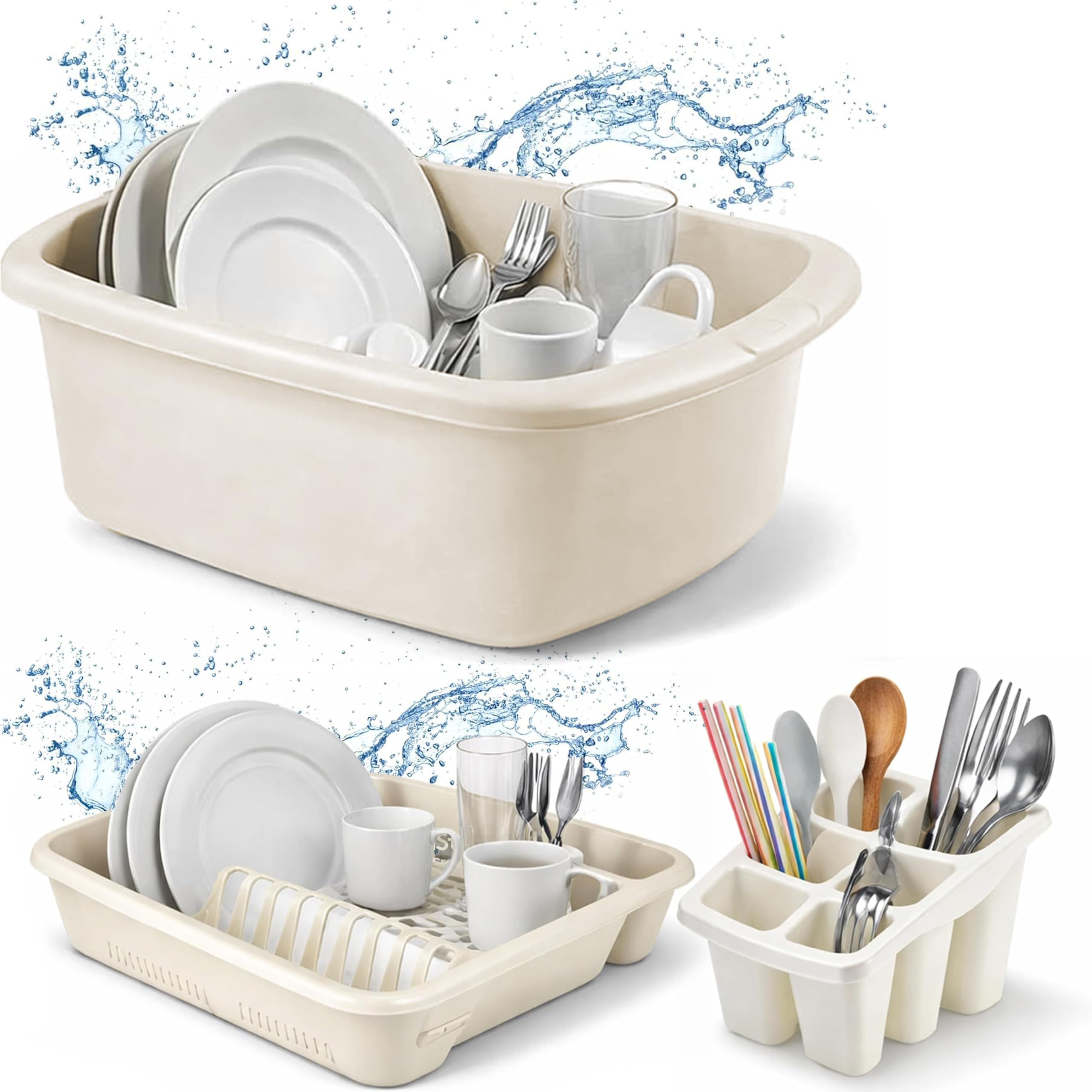 Ploutos World Wide Washing Up Bowl Set of 3 – Rectangular Plastic Sink Bowl with Cutlery Holder Caddy and Dish Drainer Rack, Kitchen Sink Organiser Accessories (Cream)