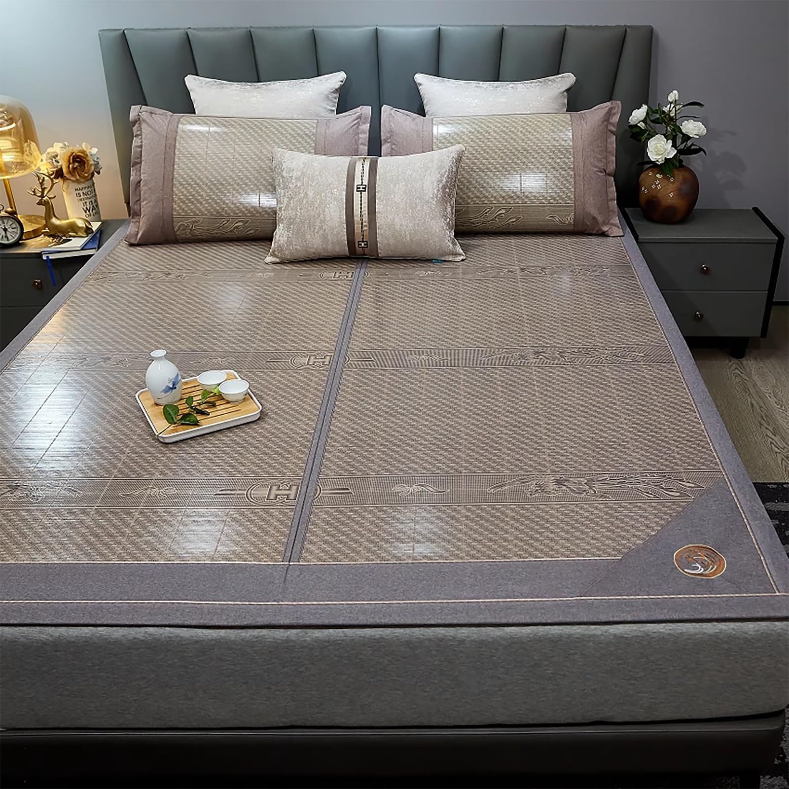 EGZASDI Summer Bamboo Mat Bed, Summer Ice Silk Bamboo Rattan Bed Sleeping Mat Multicolor Multiple Sizes(Grey,150 * 195cm)