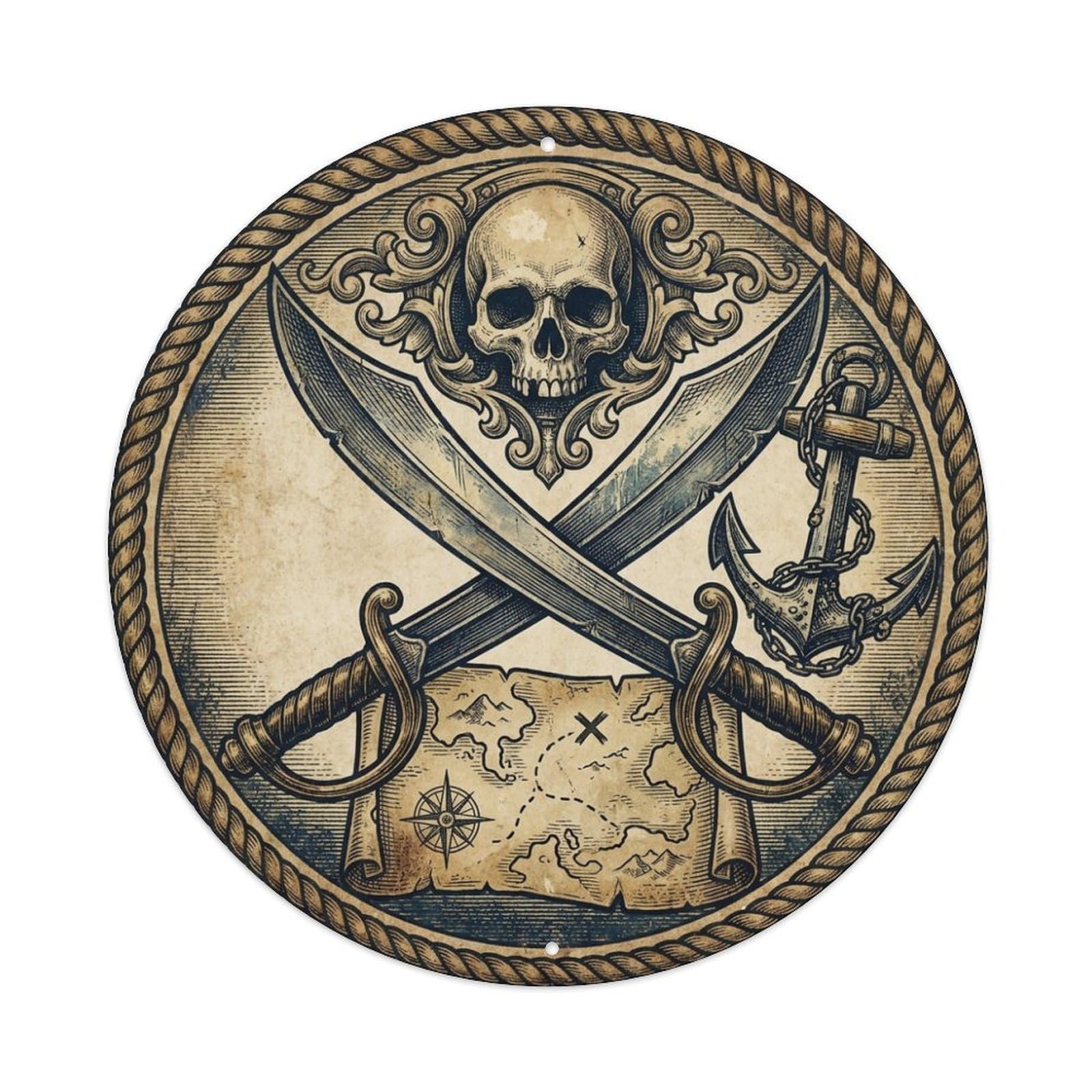 Pirate Emblem Skull Cutlasses Anchor Map Metal Tin Sign