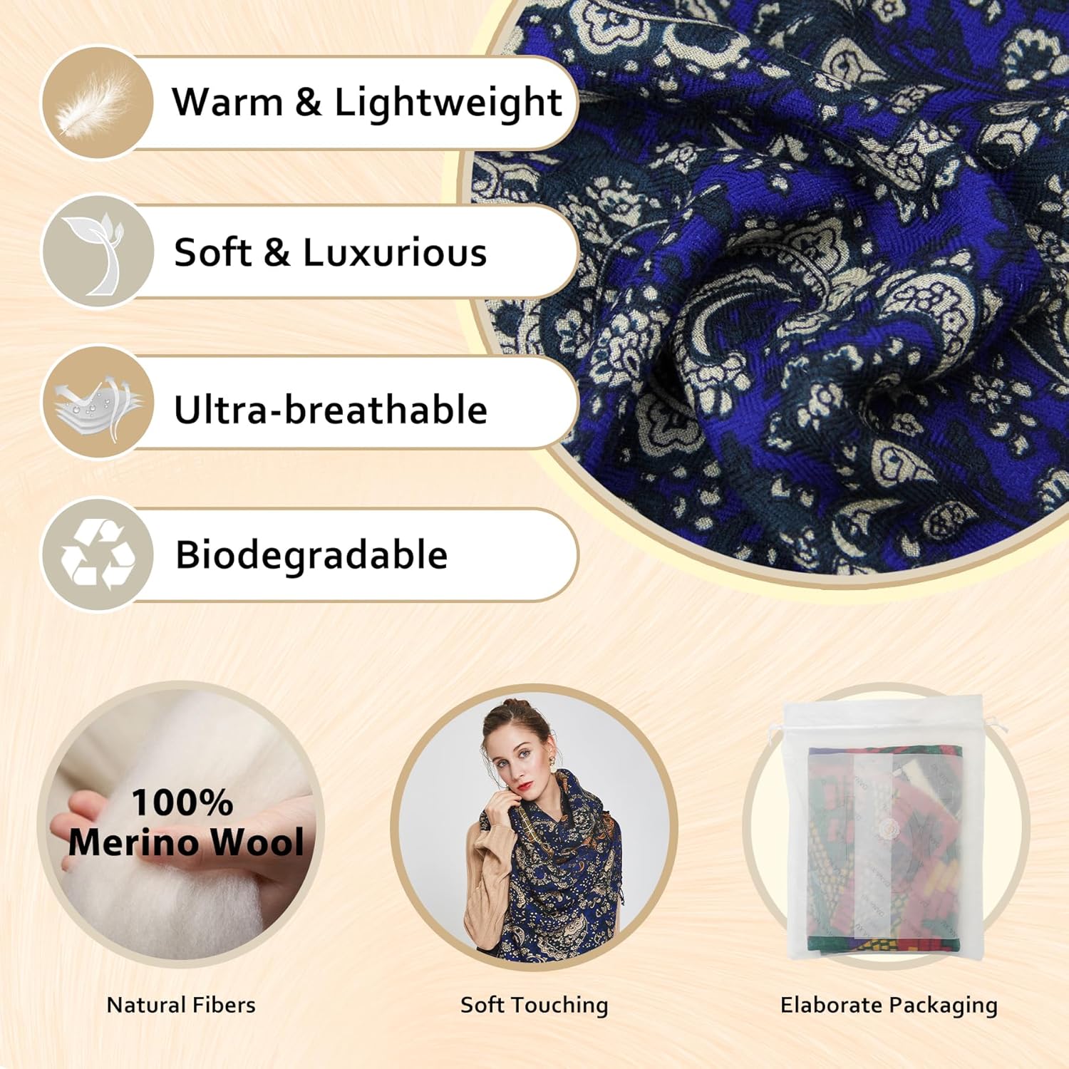 DANA XU 100% Merino Wool Pashmina Shawl for Women 96"x43", Oversized Cashmere Wrap with Tassels, Floral Travel Blanket Cape - Image 3