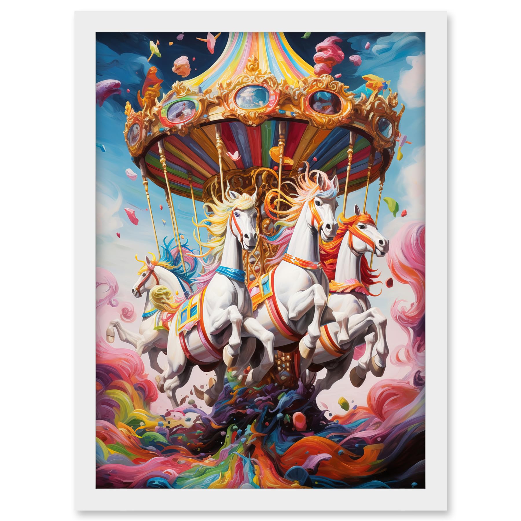 Artery8 Magical Carousel in Rainbow Clouds Bright Bold Vibrant Fantasy Kids Bedroom Baby Nursery Artwork Framed A3 Wall Art Print