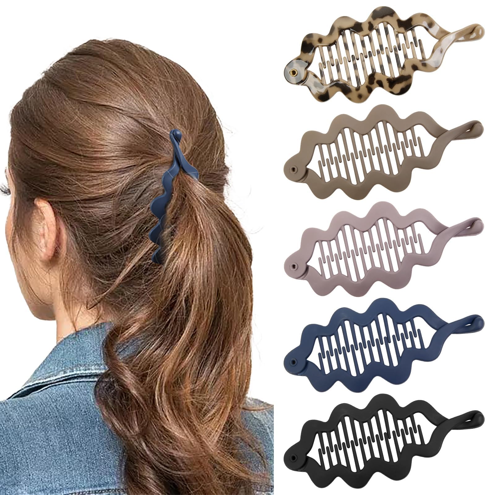 5 Packs Large Head Decor Set, Stretchable Banana Shaped Clasps, French Comb & Ponytail Accessories, Firm Grip for Daily Hairstyling-image-18