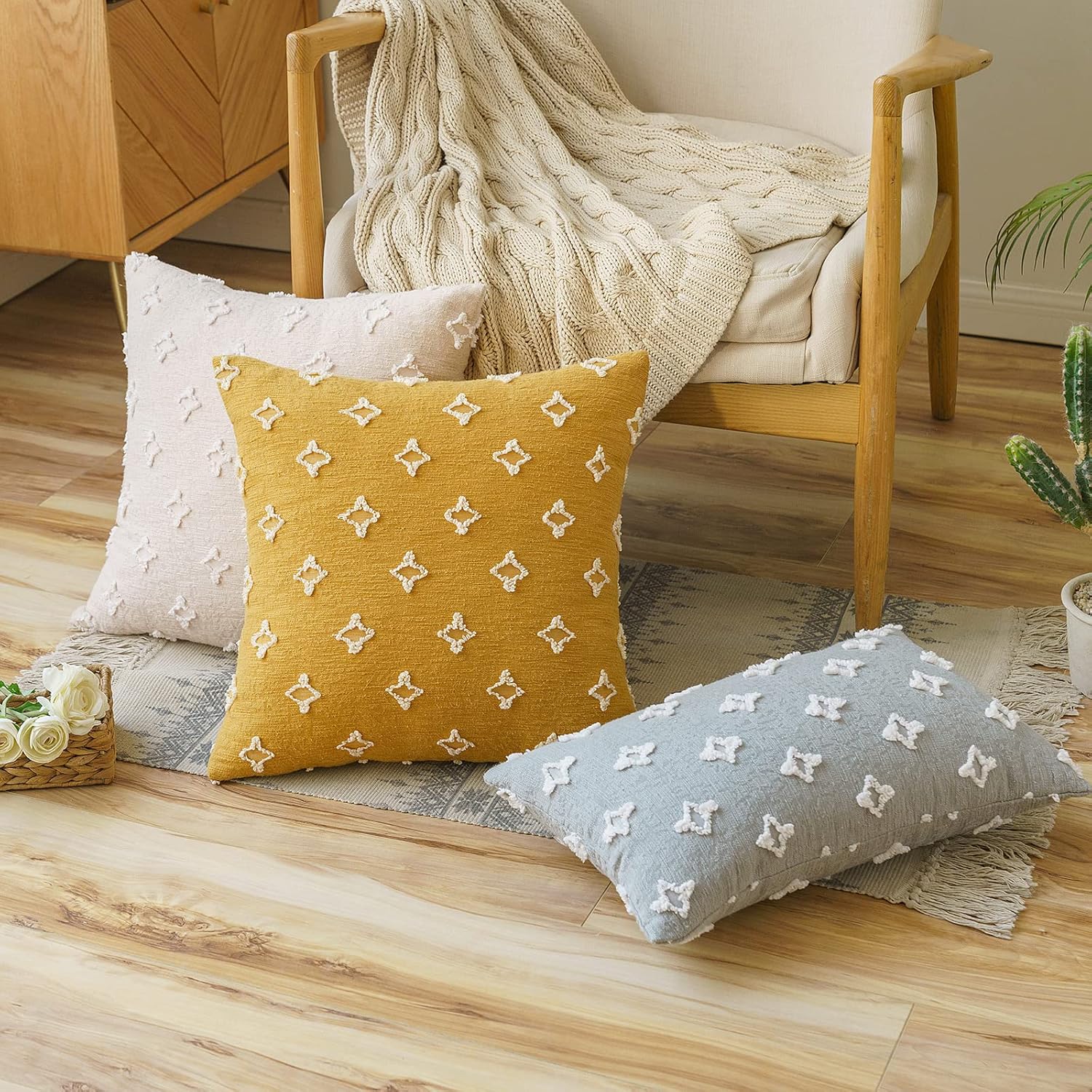 ANRODUO Pack of 2 Yellow Floral Boho Decorative Throw Pillow Covers with Tufted Rhombic Jacquard for Fall Room Decor Boho Pillow Covers Decorations 18x18 Soft Pillowcase for Couch Sofa Living Room - Image 6