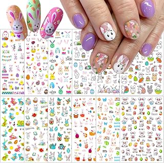 12 Sheets Easter Nail Stickers 3D Cute Bunny Nail Decals Self-Adhesive Easter Egg Nail Art Stickers Rabbit Flower Chick Carrot Nail Design Stickers Kawaii Nail Supplies for Women DIY Nail Decoration