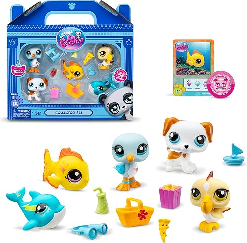 Miniatura 1 de Littlest Pet Shop, Juego de coleccionista, temática Beach Besties - Gen 7, mascotas #61 a #65, auténtica figura de cabeza Bobble LPS Bobble, juguete