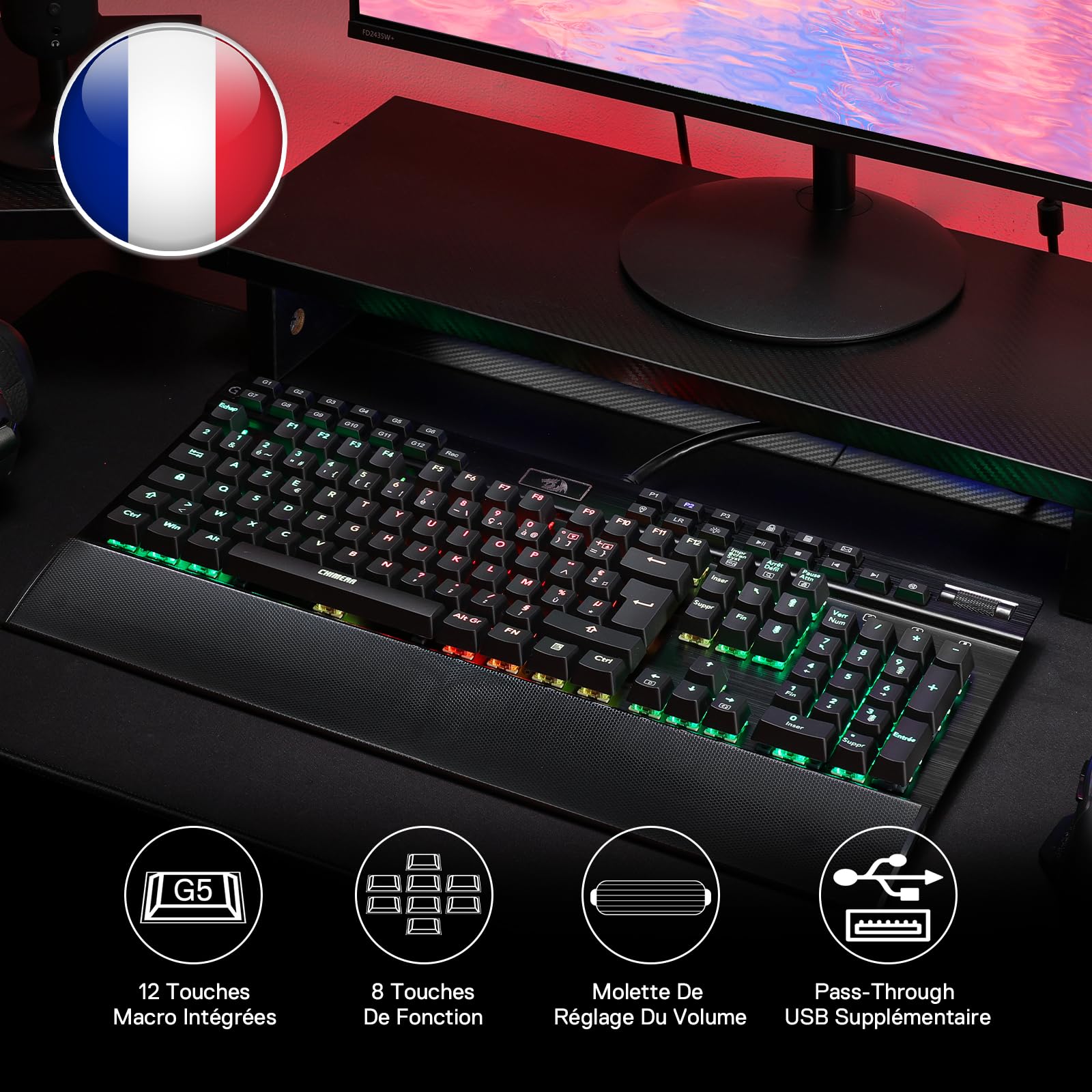 Redragon K550 Clavier Mécanique Filaire AZERTY RGB 12 Touches Macro | Switch Violet Cliquable 2 Ports USB Intégrés Repose Poignet Amovible 104 Touches Anti Ghosting Ergonomique