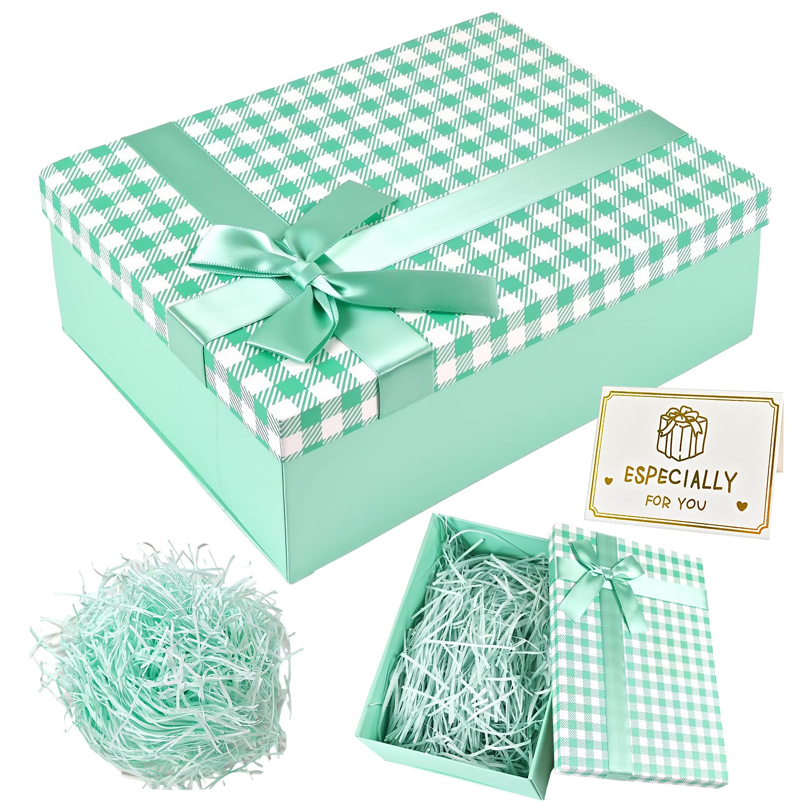 YIMETOP Gift Box with Lid, Premium Present Box 25x18x9cm Medium Gift Box with Shredded Paper Ribbon Greeting Card Unique Design for Valentinstag, Birthdays, Wedding Anniversary, Anniversaries (Green)