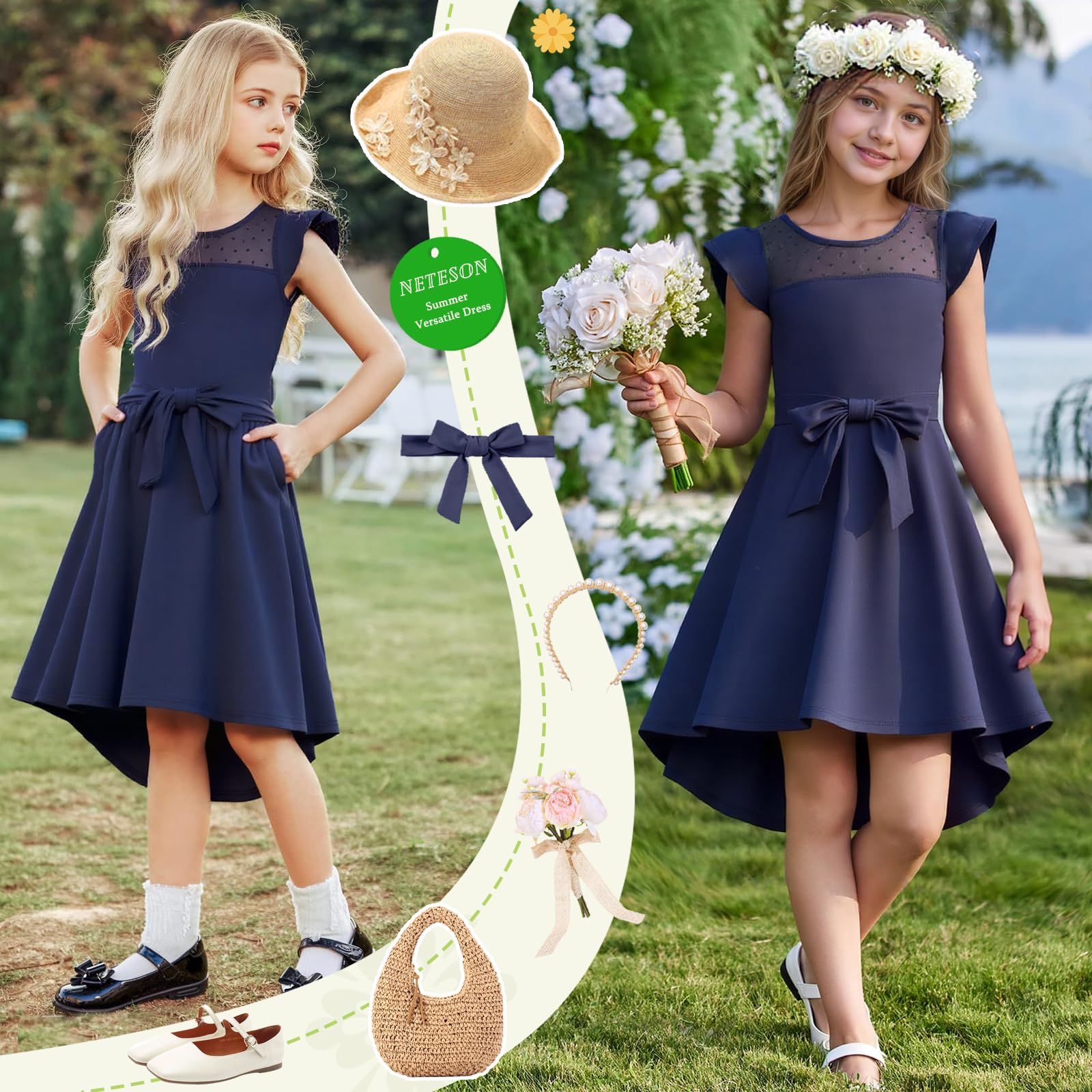 Vestidos de Verano para Niñas Elegantes Sin Mangas Cuello Redondo 6-15 Años
