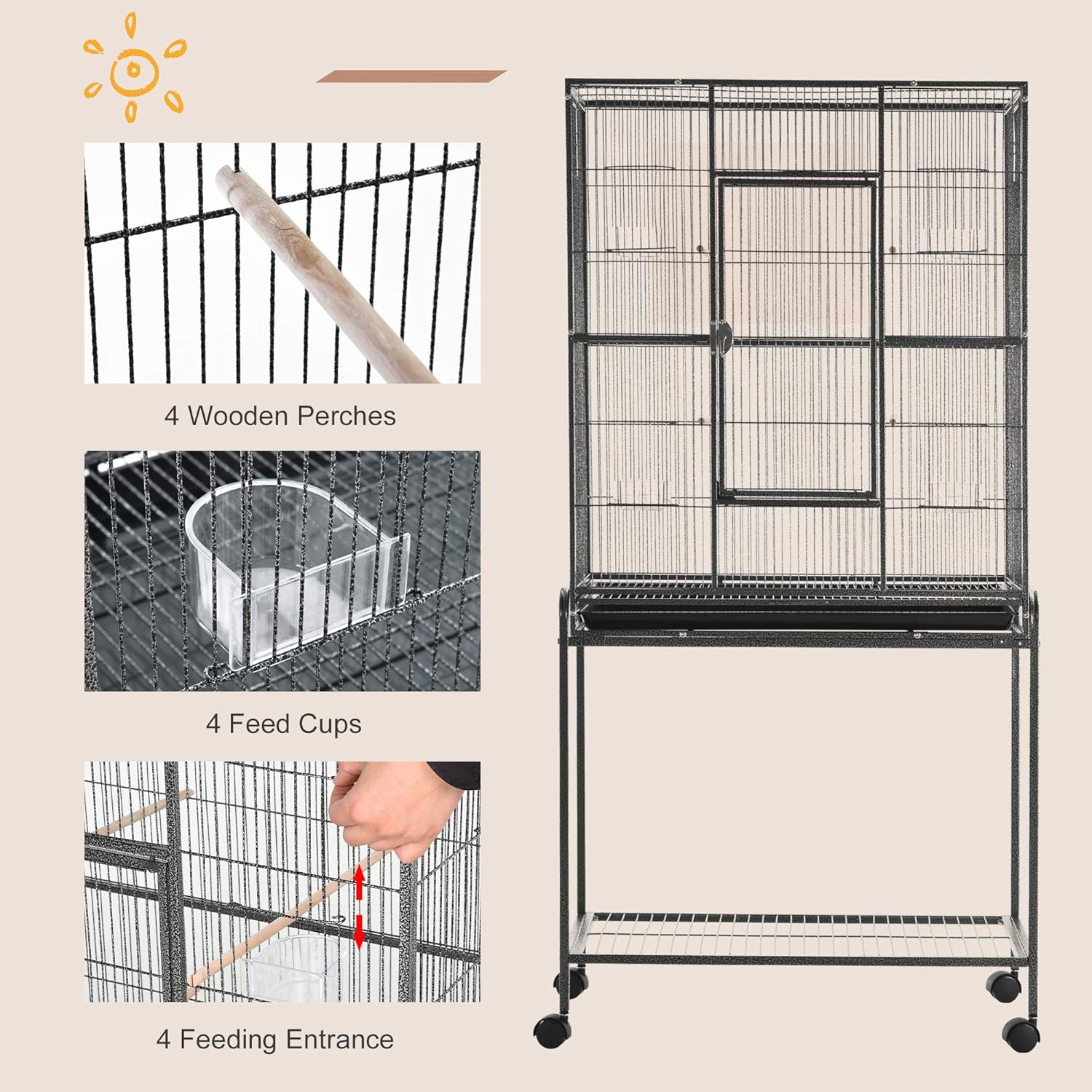 PawHut 65" Double Rolling Metal Bird Cage Feeder with Detachable Rolling Stand, Storage Shelf, Wood Perch & Food Container : Pet Supplies
