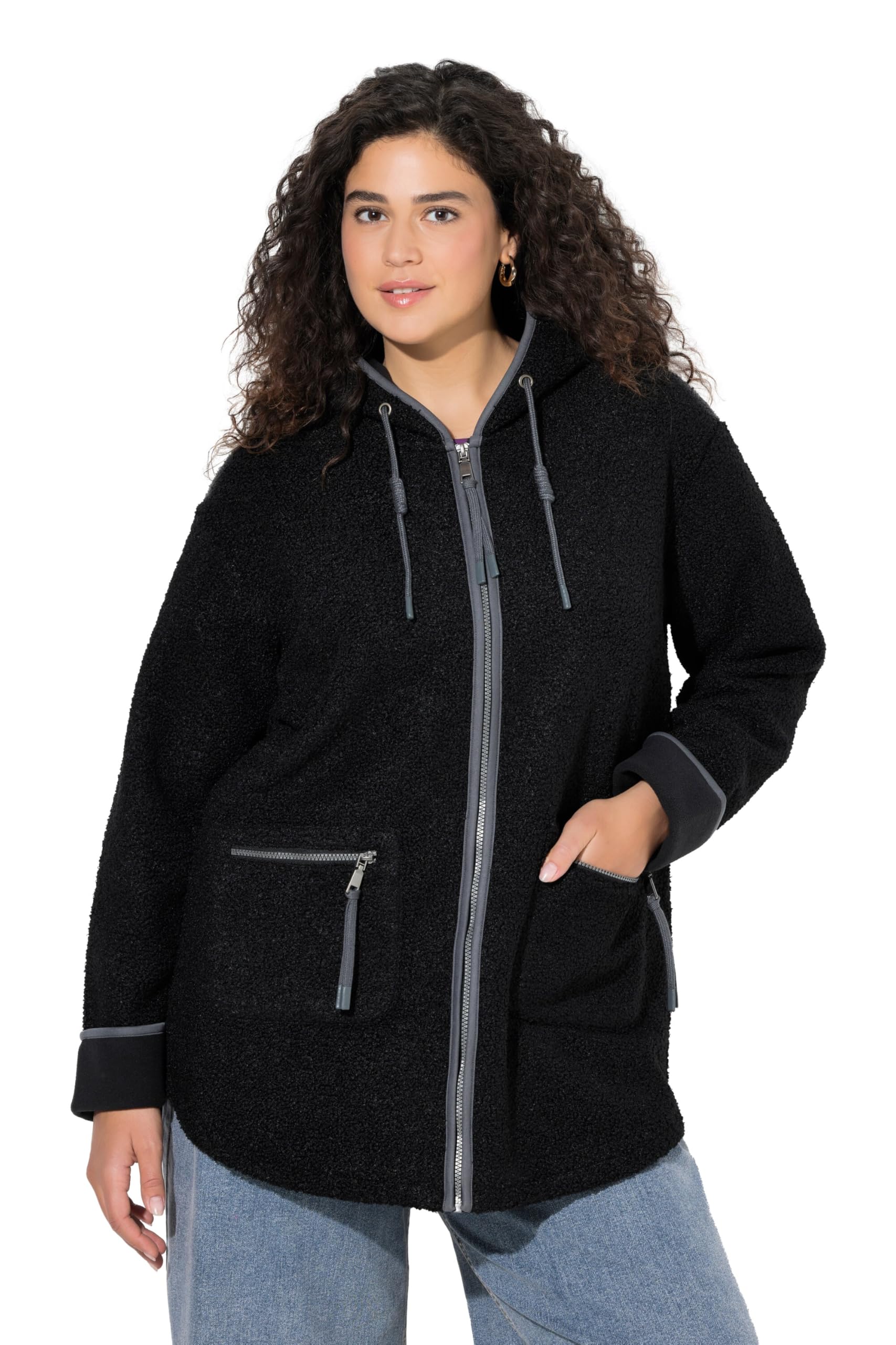Ulla Popken Damen große Größen Übergrößen Plus Size Teddyjacke, Kapuze, Zipptaschen, Fleecefutter 837127