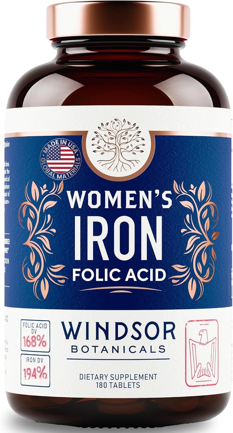 Iron and Folic Acid Supplements for Women - 35mg Gentle Iron Vitamin, Folic Acid 400mcg - Anemia, Period, Pregnancy Support Supplement, Ferrous Sulfate Pills - 180 Vegan Non-Constipating Tablets