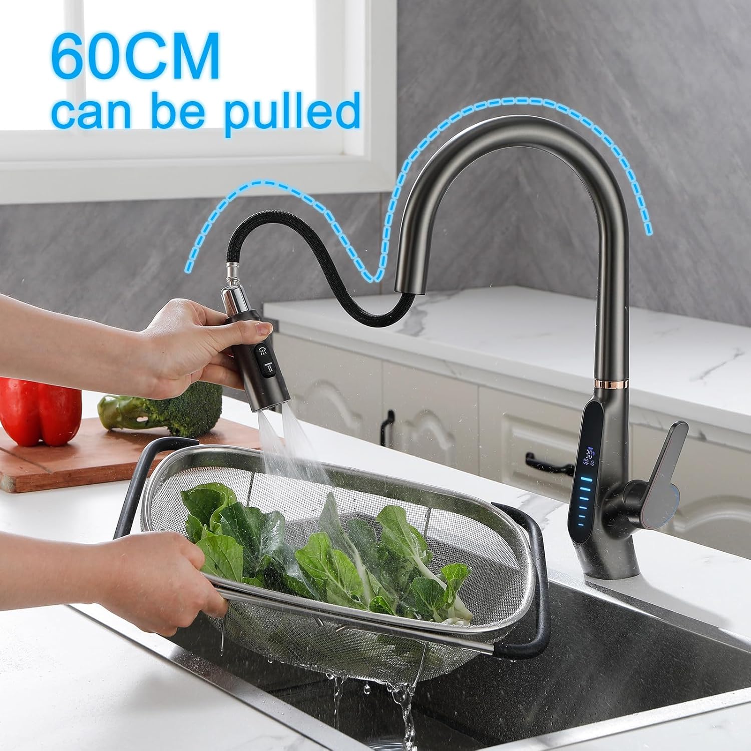 Kiten Faucet with Pull Down Sprayer, Solid Brass High Arc Kiten Sink Faucet with LED Digital Display Faucet for Kiten Sink for Farmhouse Camper Kiten Rv, Single Handle (Gun Gray)