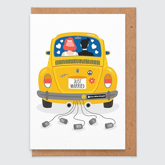 Just Married Card - Cute Wedding Card - Handmade Wedding Card Funny - Wedding Cards for Bride and Groom - for Friends - Couples - Wedding Gift Card - Vintage - Campervan Card