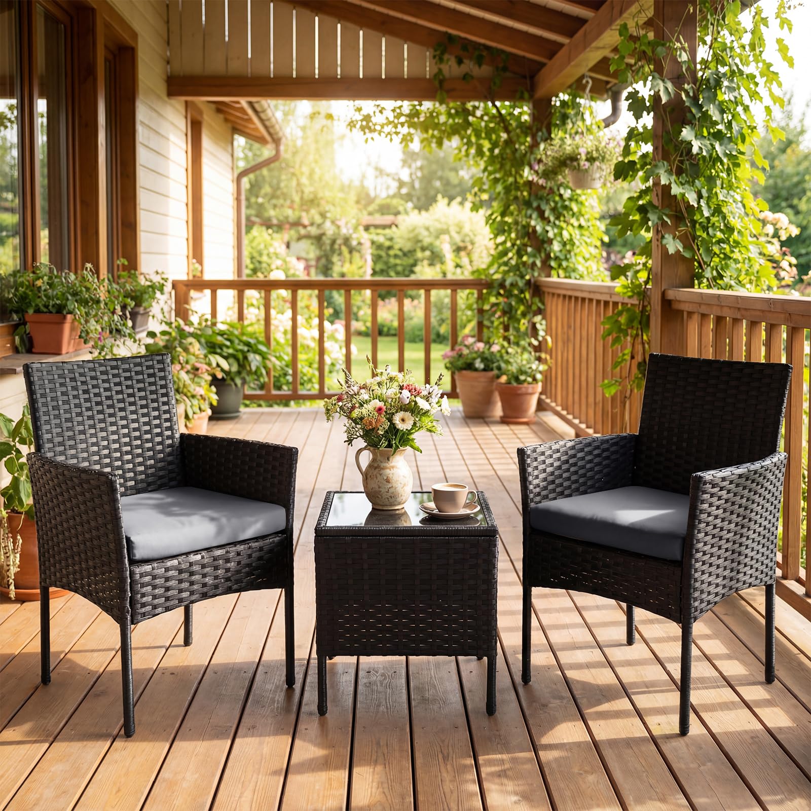 COSTWAY Set Salotto da Giardnio 3 Pezzi, Salotto da Esterno in Rattan con Tavolino in Vetro Temperato e 2 Poltrone con Cuscini Rimovibili, Set Mobili per Patio e Balcone (Grigio)