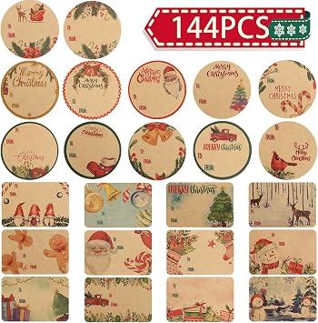 Giiffu Christmas Tags Stickers 144ct Christmas Gift Tags | Self Adhesive Name Tags for Christmas Presents 24 Vintage Kraft Holiday Gift Labels Stickers To From Stick on Tags