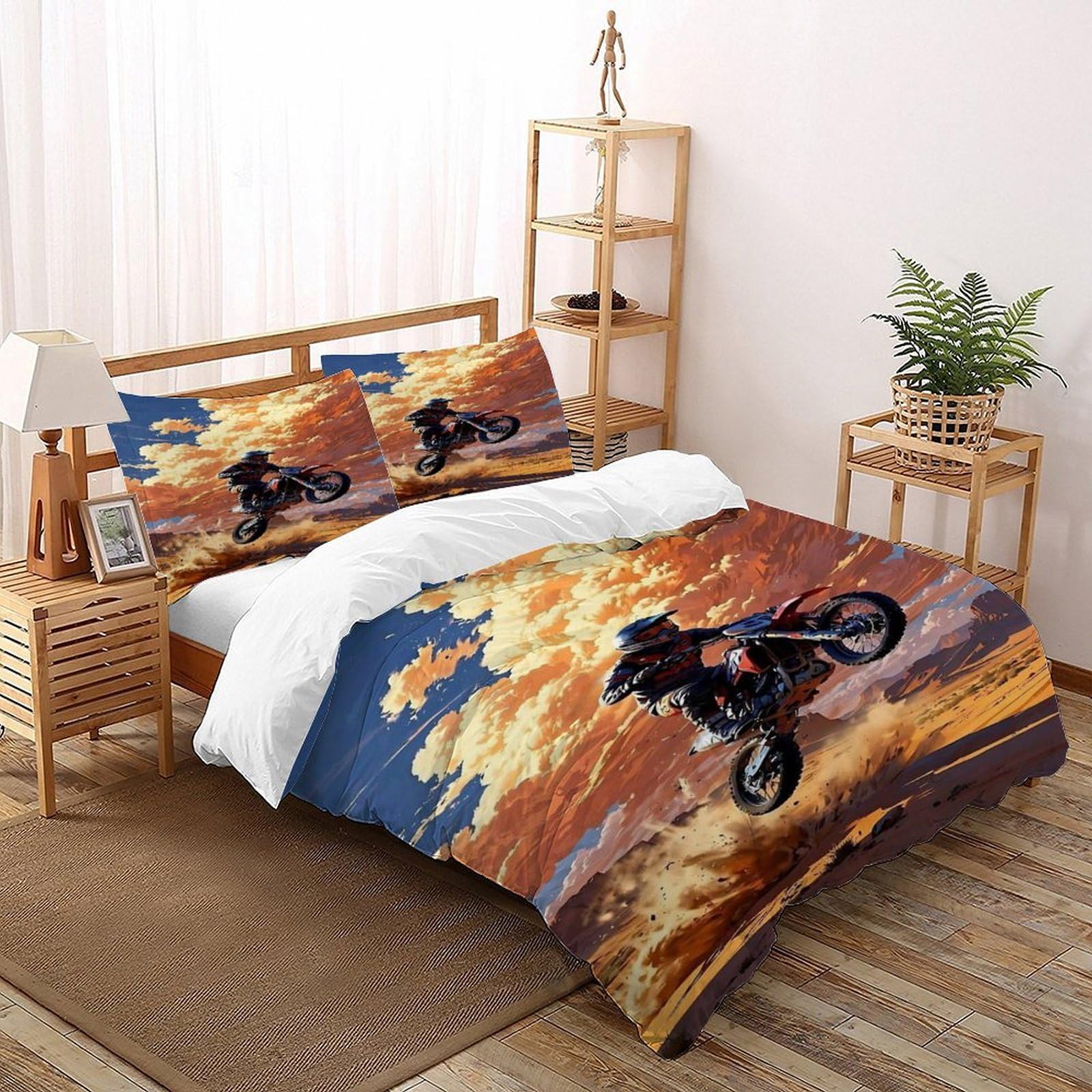 Parure de lit motif moto housse de couette microfibre respirante 3 pièces 260x220 cm