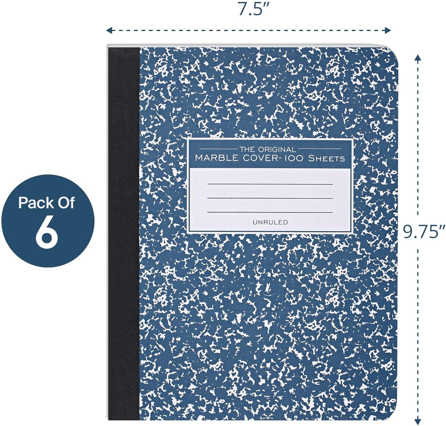 ROARING SPRING Hard Cover Composition Notebook, 6 Pack, Blue Marble Comp Book, 9.75″ x 7.5″, Unruled Blank Paper, 100 Sheets (200 Pages), Made in USA