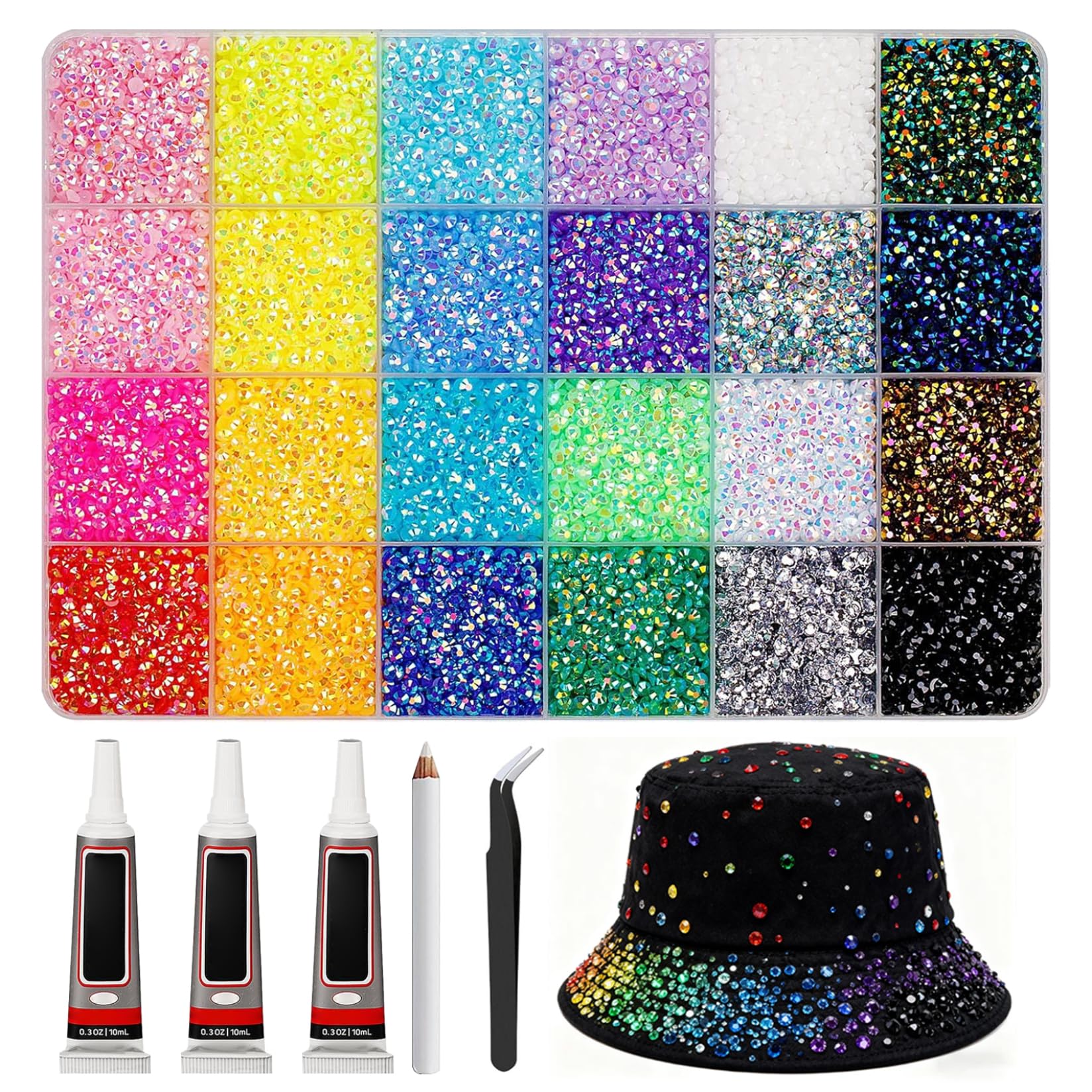 30.000-teiliges Bedazzler-Set, 24 Gitter, lustiges Strass-Set zum Selbermachen, mit 3 Stück 10 ml Kleber und Aufnahmestift, 0, 3 cm Strasssteine ​​für Kleidung, Tassen, Schuhe, Stoff, Nagelk