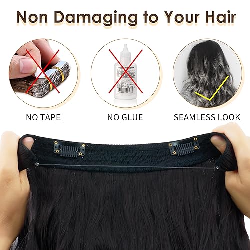 Miniatura 5 de Extensiones de cabello ondulado con alambre invisible con diadema ajustable transparente, color castaño claro de 24 pulgadas, extensiones de cabello