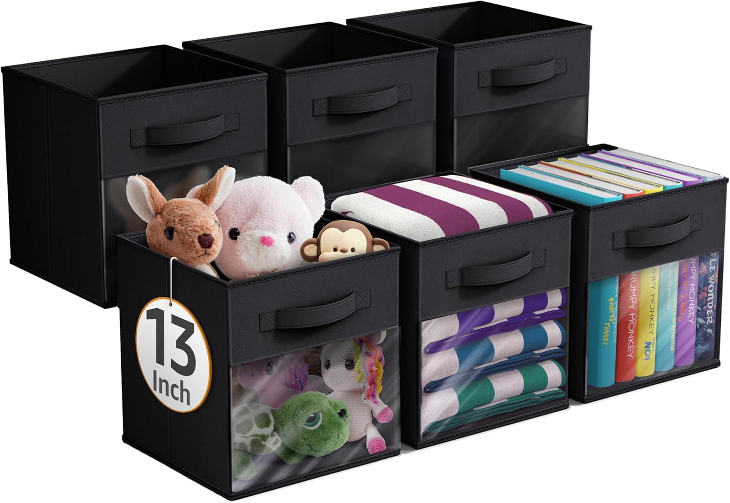 Sorbus 11 Inch Storage Bins with Clear Window - 6 Foldable Baskets for Organizing Clothes, Toys, Books - Sturdy Collapsible Fabric Storage Cubes with Handle - Storage Baskets for Shelves, Closets