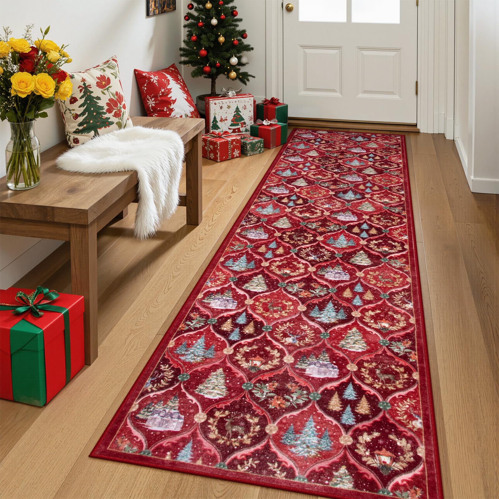 Lahome Christmas Runner Rug, 2x8 Red Christmas Rug Runner Soft Washable Hallway Runner Non-Slip, Throw Xmas Tree Carpet for Kitchen Bedroom Bathroom Holiday Winter Decor, Red Red/Multi 2' x