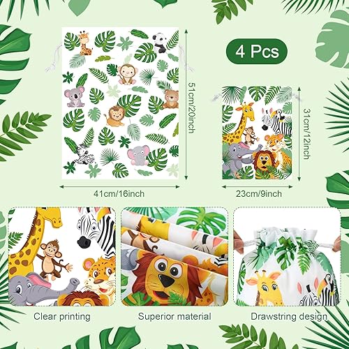 Miniatura 2 de Chapou 4 bolsas de regalo de tela con cordón grande para baby shower, diseño de safari en la selva, para baby shower, cumpleaños de niños, fiesta de