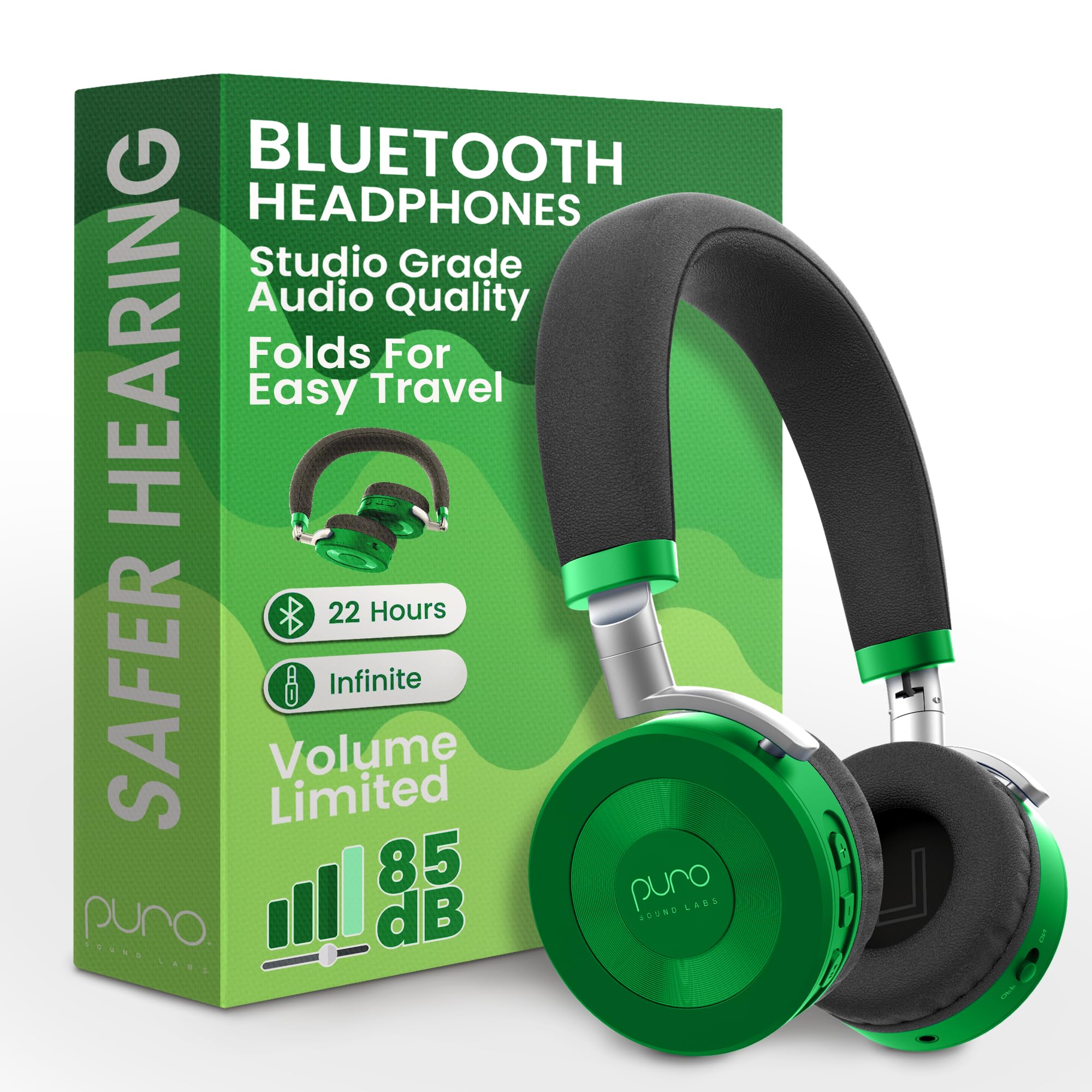 Puro Sound Labs JuniorJam Plus Volume-Limiting Wireless Bluetooth Headphones for Kids, Secure Audio with Adjustable On-Ear Design, 22-Hour Battery, Ideal for Tablets, Smartphones & PCs, Green