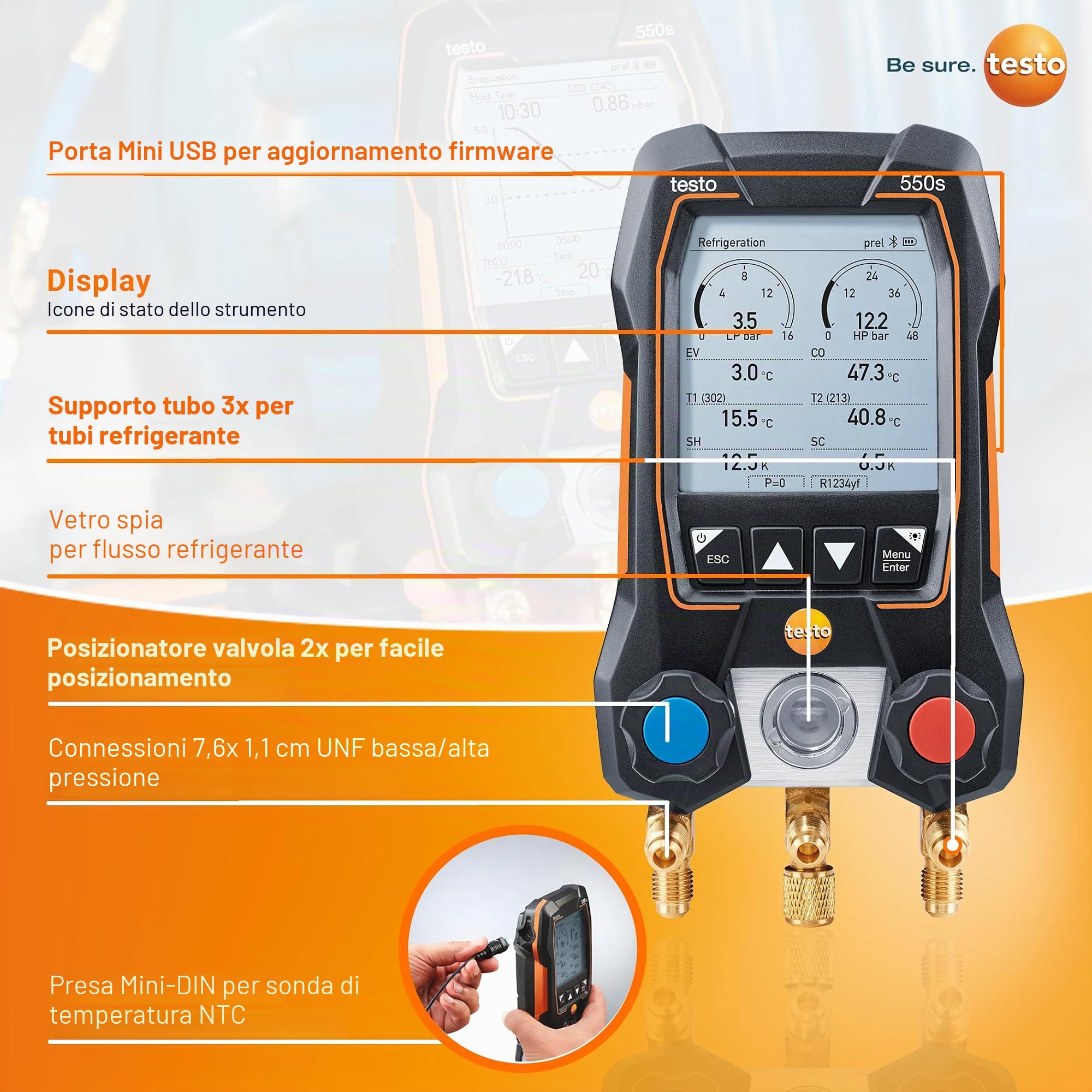 Testo Set Manometri Collettore AC 550s - Manometri collettore HVAC e refrigerazione - Incl. 2 sonde a morsetto di temperatura cablate - Kit ricarica CA con surriscaldamento, sottoraffreddamento con
