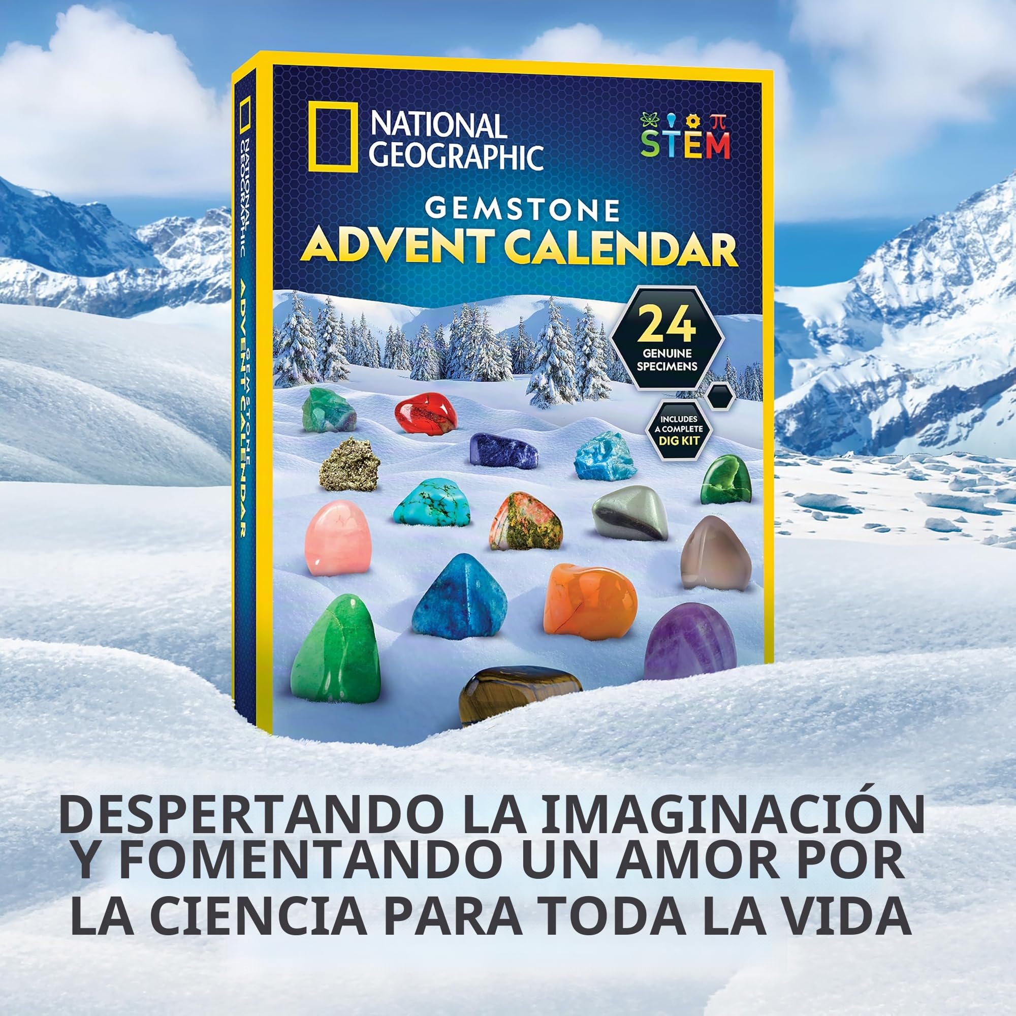 NATIONAL GEOGRAPHIC 2024 Calendario de Adviento de Gemas - Calendario para Niños con 24 Gemas para Abrir Cada Día, Cuenta Atrás de Navidad con Mini Kit de Excavación de Gemas (Solo Idioma Ingles)