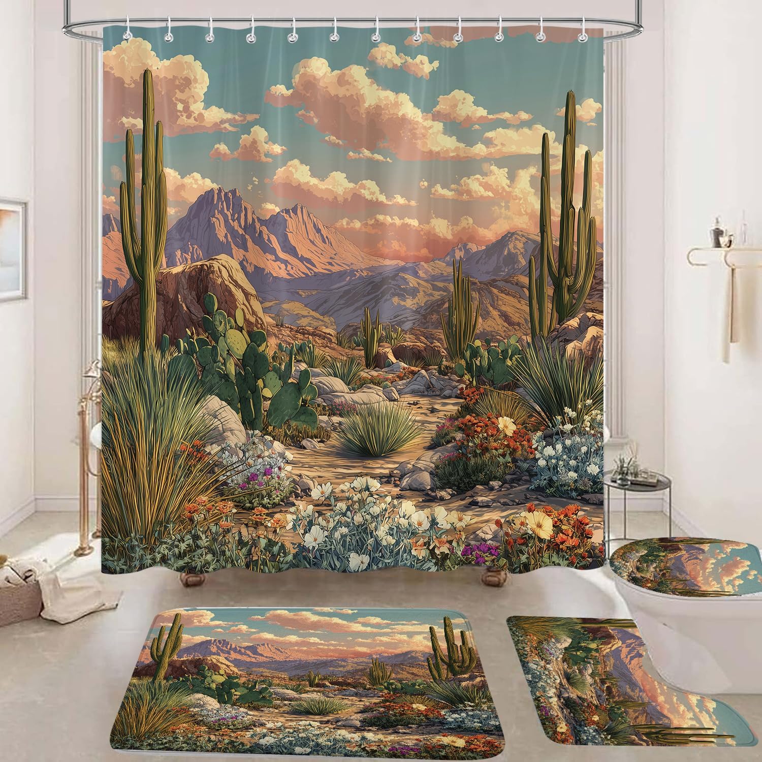 4Pcs Western Cactus Shower Curtain Sets, Tropical Desert Cacti Southwestern Theme Boho Bathroom Set with Non-Slip Rugs, Toilet Lid Cover, Bath Matand 12 Hooks 72 x 72 Inch