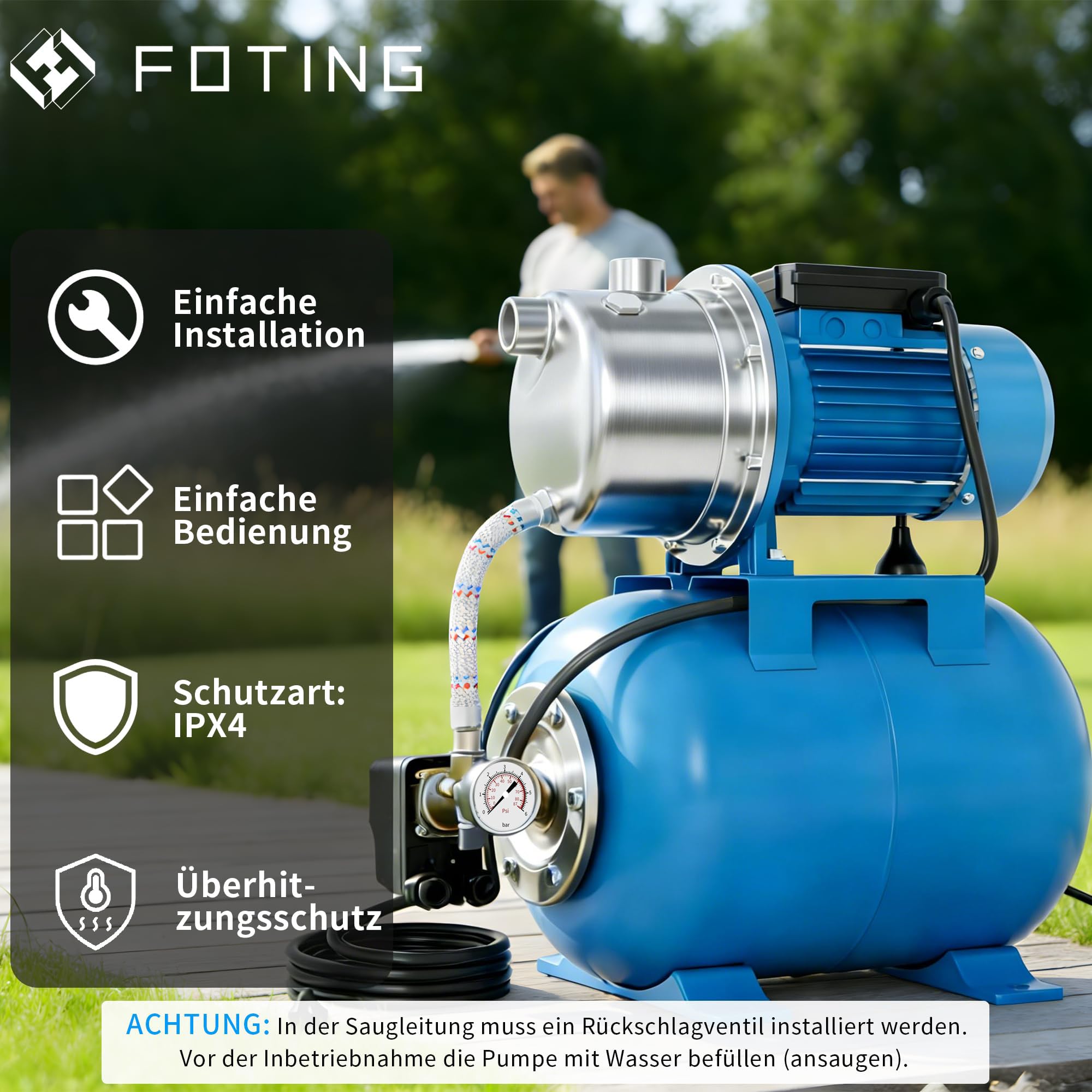 FOTING Hauswasserwerk INOX aus Edelstahl 1100 W, Fördermenge 4600 l/h, Förderhöhe bis 45 m, max. 4,5 bar Druck mit Manometer, 24 L Kessel, robuster Betrieb für Haus & Garten, sicher mit Überlastschutz