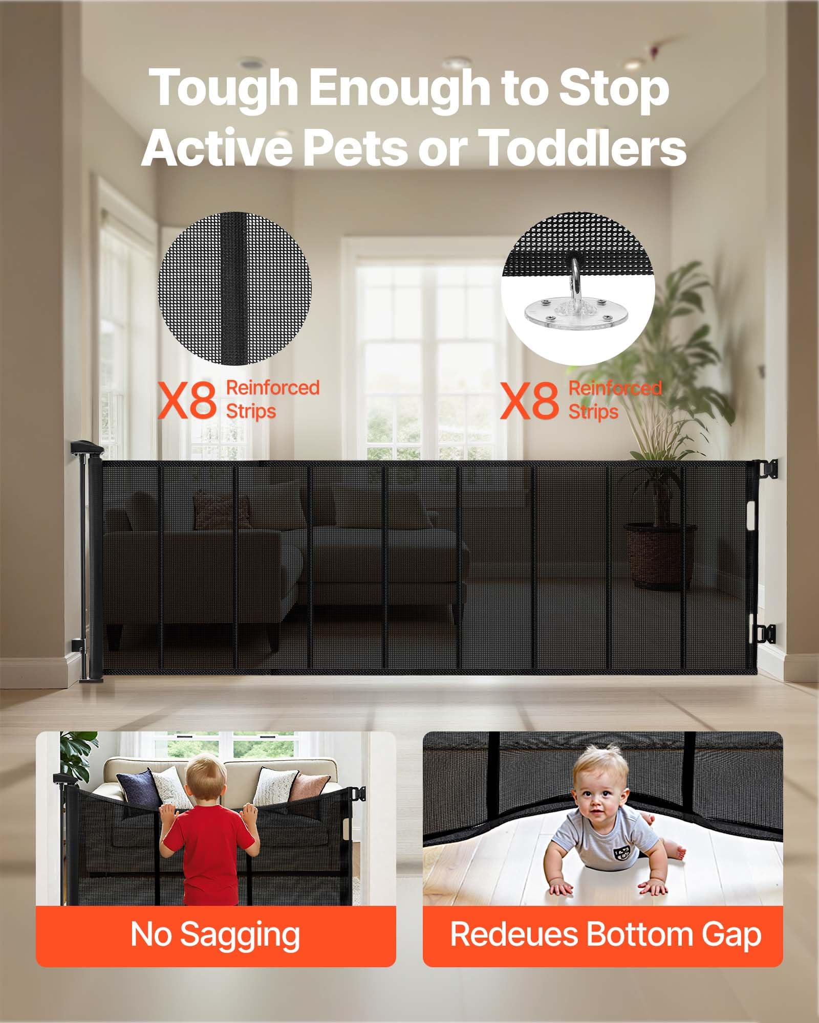 VEVOR Puerta Retráctil 430 x 106 cm, Valla de Seguridad para Perros, Panel de Malla Transpirable con Tiras de Fibra de Vidrio para Escaleras Interiores, Puertas, Pasillos, Salas de Juegos, Negro