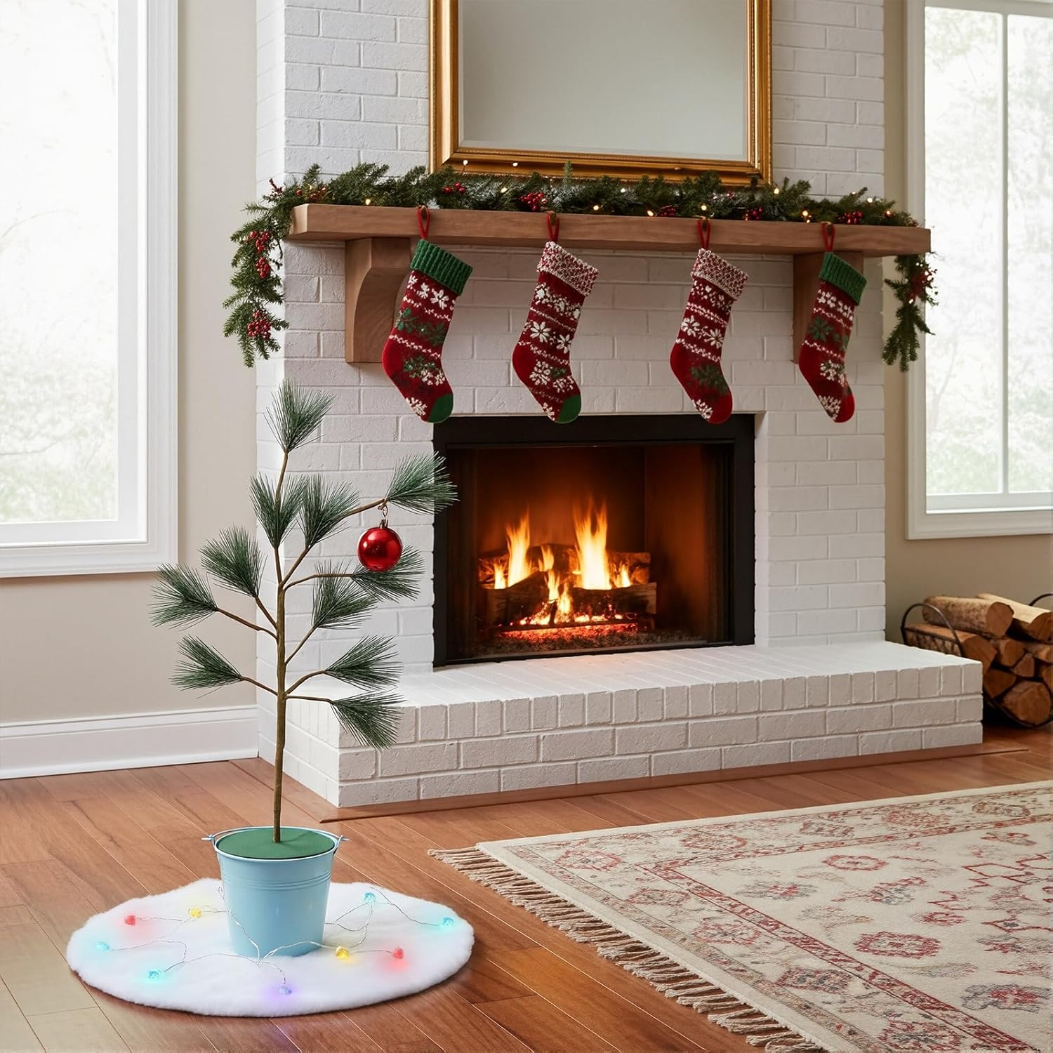 Bokon 24-inch Brown Christmas Tree Tabletop Christmas Tree Decor with Blue Iron Bucket Classic Red Balls Colorful Lights Snow Cotton Xmas Spirit Minimalist Style Cute for Party Gifts
