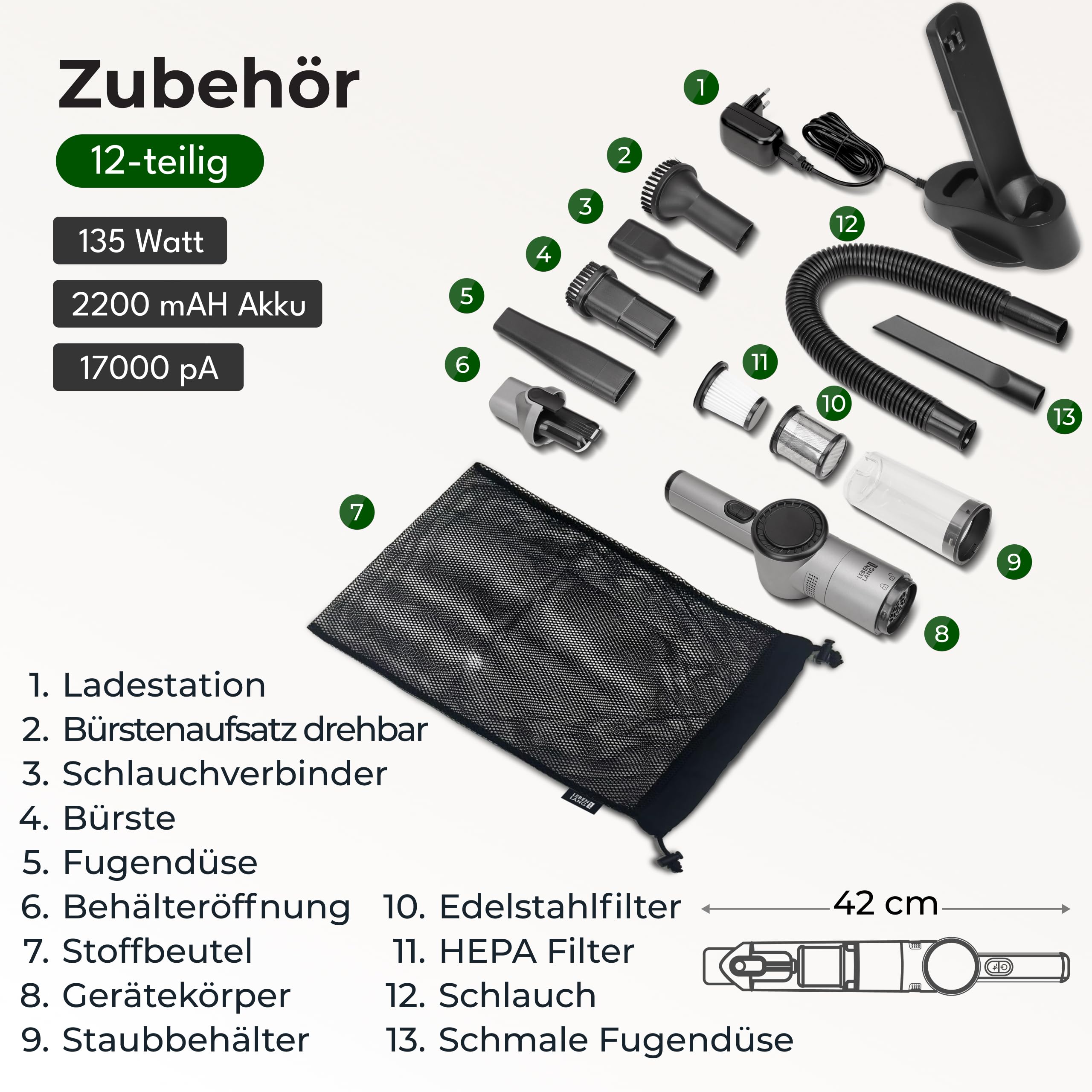 LEBENLANG Handstaubsauger Akku TESTSIEGER - Dual-Filter & Li-Ion I Inkl. Ladestation I 17000PA Handstaubsauger Auto Staubsauger stark Akkusauger kabellos Handsauger Akku Car Autostaubsauger Beutellos