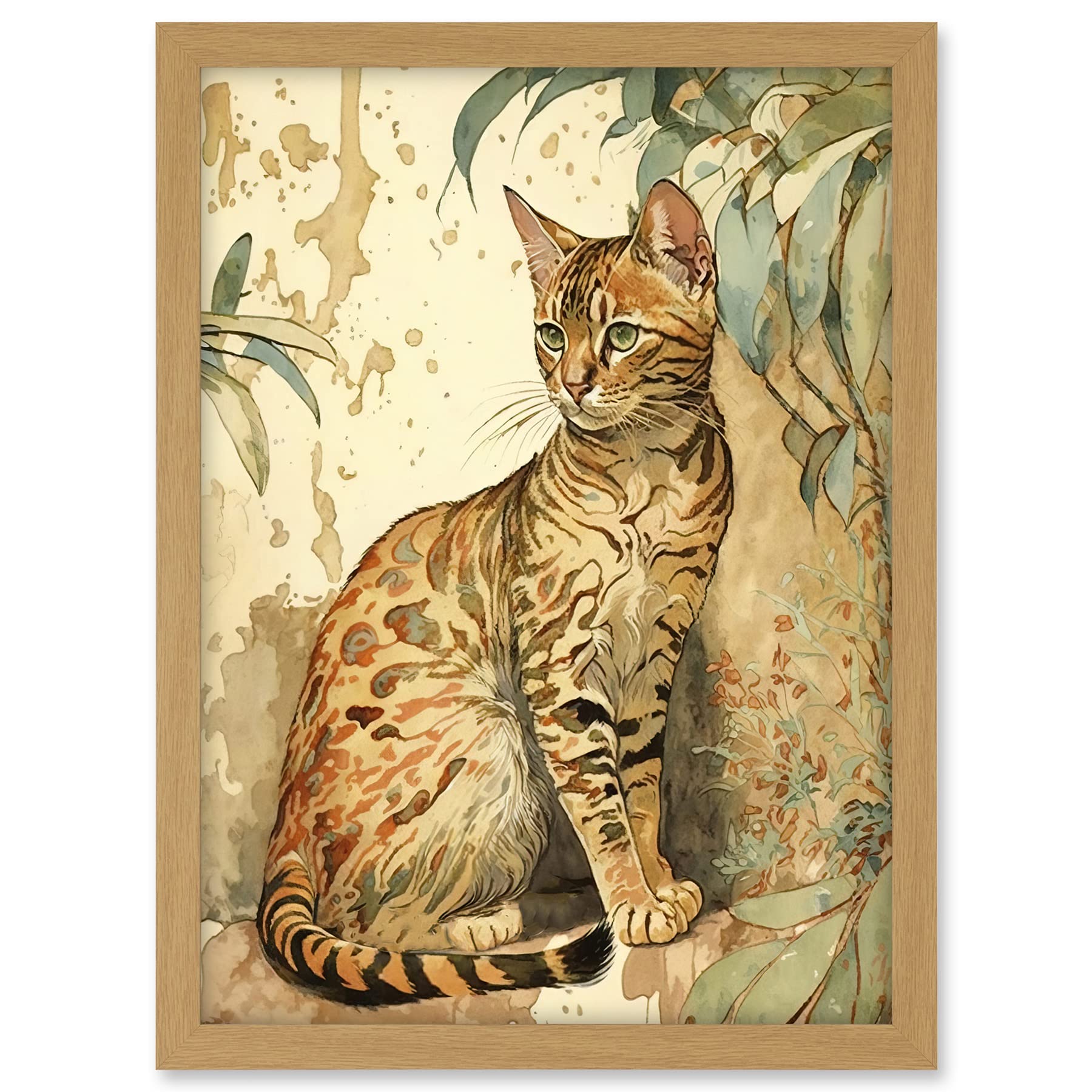Artery8 Marble Coat Bengal Cat Perched on Street Wall Watercolour Illustration Artwork Framed A3 Wall Art Print