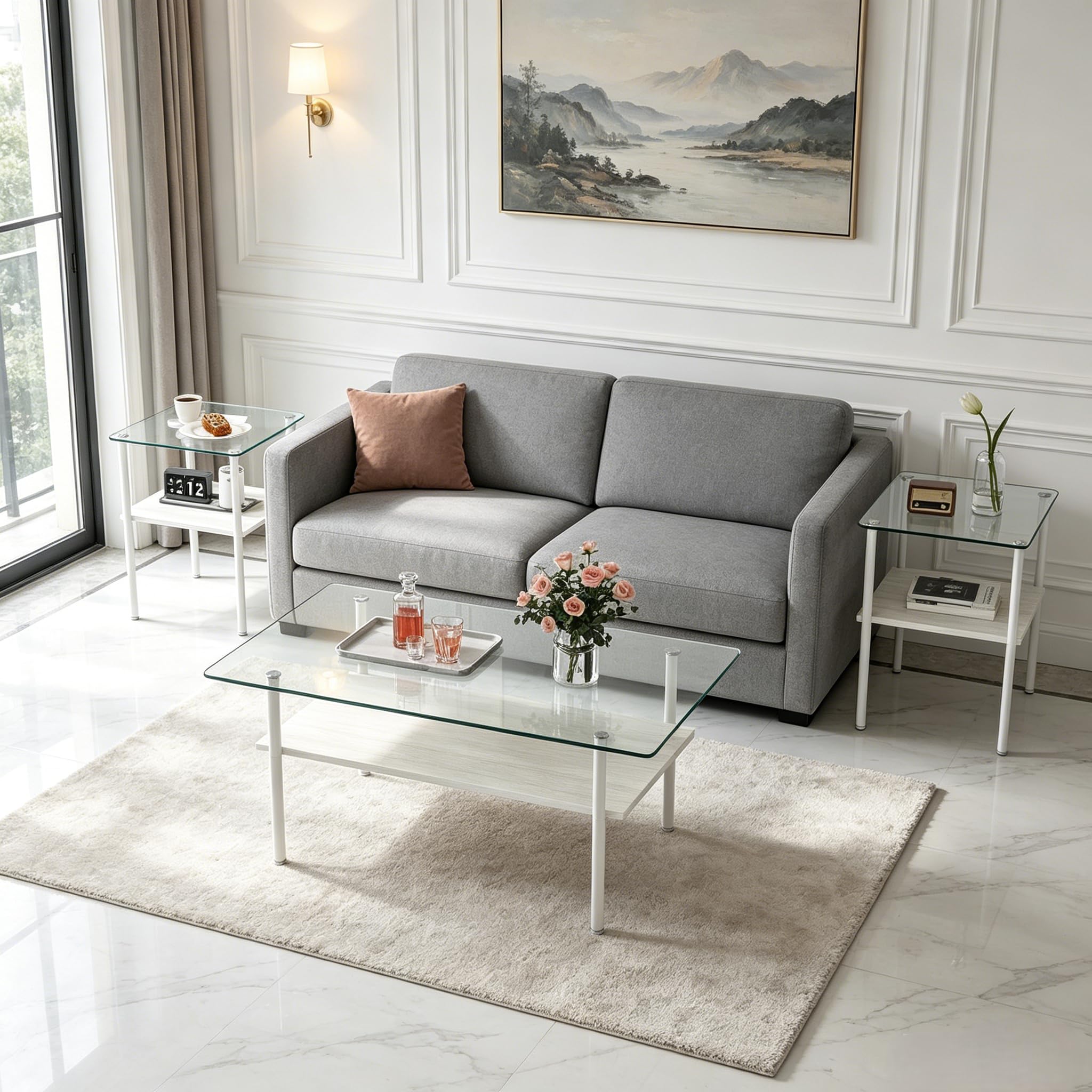 3 Piece Living Room Table Set, Include 1 Rectangle Coffee Table with 2 Square End Tables, White Glass Coffee Table Sets with Storage Shelve and Metal Legs,for Apartment Small Space