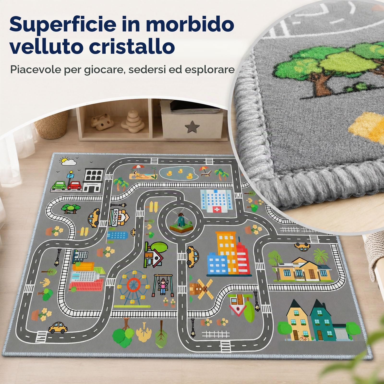Tappeto Pista Macchinine Strade Antiscivolo Lavabile Gioco per Cameretta Ragazzi e Ragazze (A,90x150cm)
