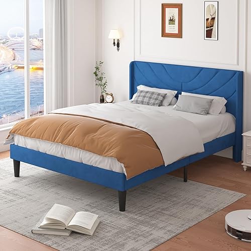 Miniatura 81 de VECELO Base de cama tamaño matrimonial tapizada con cabecera de tela, soporte de listones de madera, no necesita somier, base de colchón, color