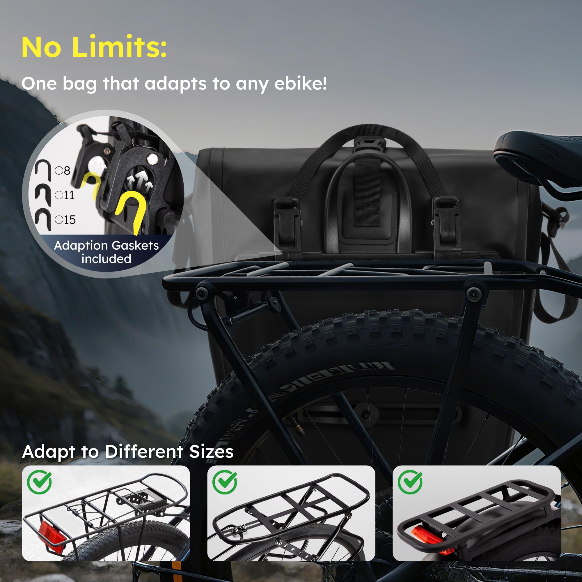 Bike Pannier, Waterproof 27L Pannier Bike Bag with Removable Shoulder Strap, Reflective Safety Design, Adjustable Clips Fit All Bike Racks, Bicycle Pannier for Cycling Commuting Travel