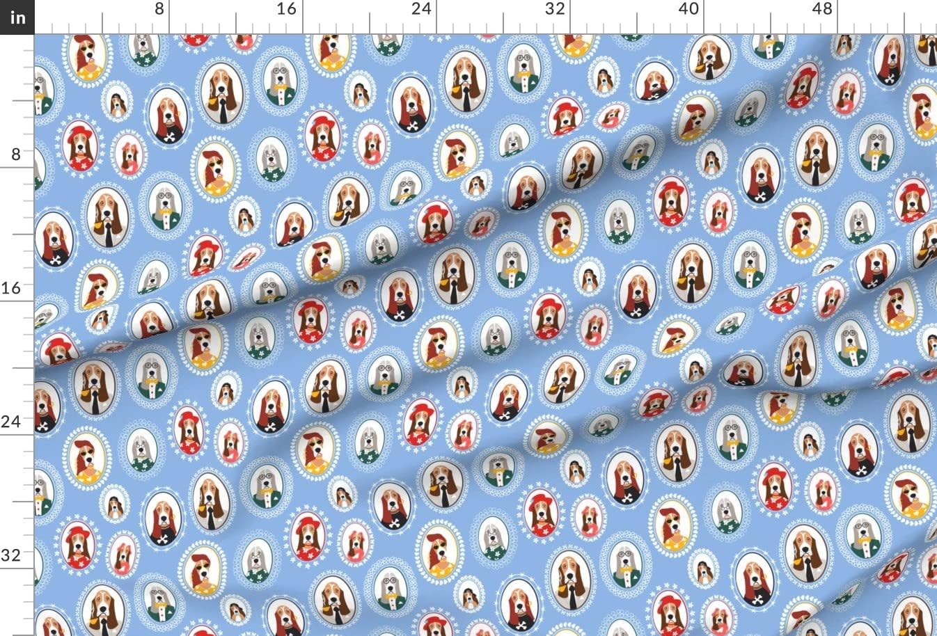 Spoonflower Fabric - Basset Family Portraits Blue Dogs Frames Hound Fun Printed on Upholstery Velvet Fabric Fat Quarter - Upholstery Home Decor Bottomweight Apparel