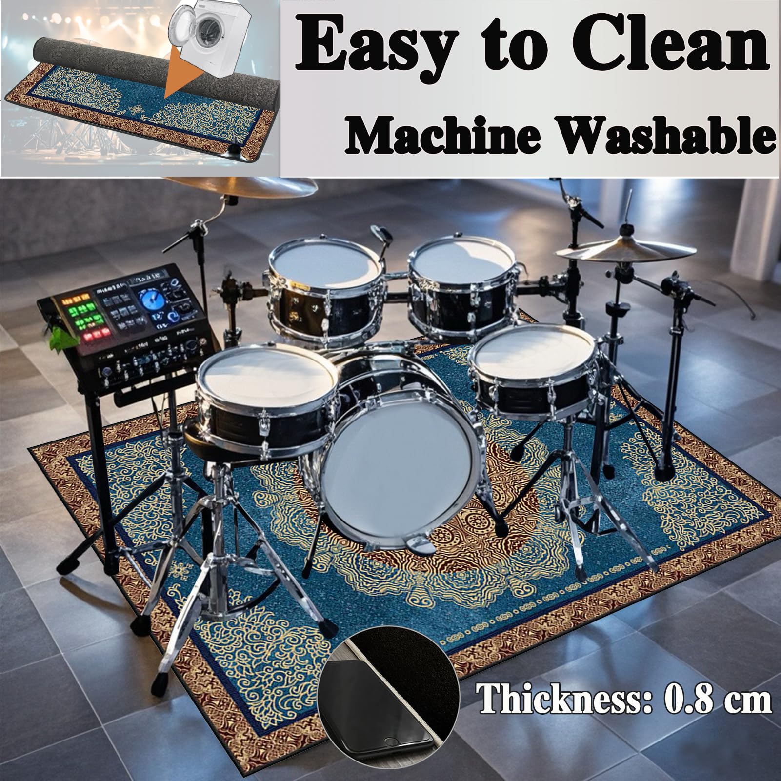 Schlagzeugteppich 160 x 140 cm - Professioneller Drum Teppich Schallschutz Antivibrationsmatten für Musikinstrumente Akustik Trommelteppich